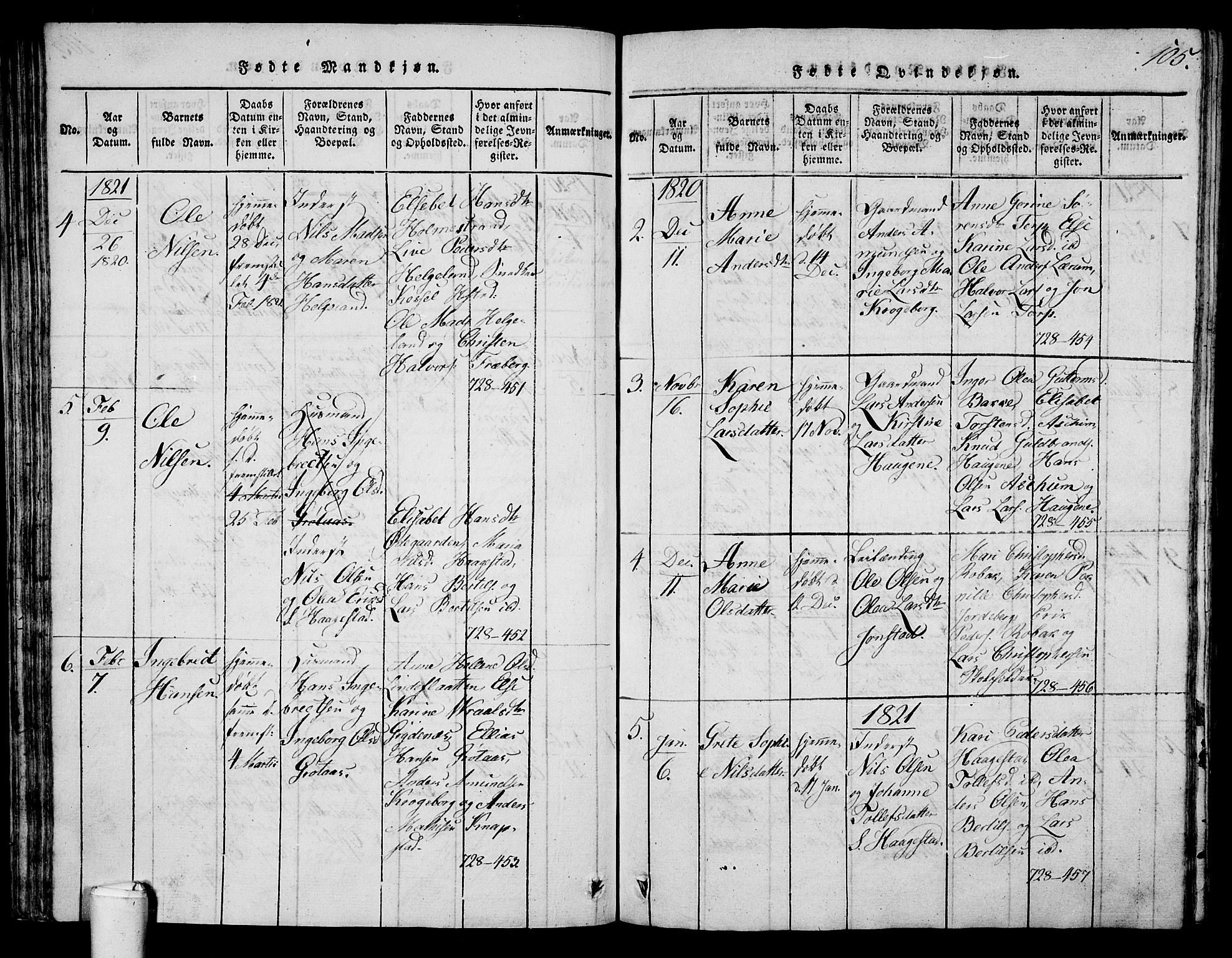 Våle kirkebøker, AV/SAKO-A-334/G/Ga/L0001: Parish register (copy) no. I 1, 1814-1824, p. 104-105