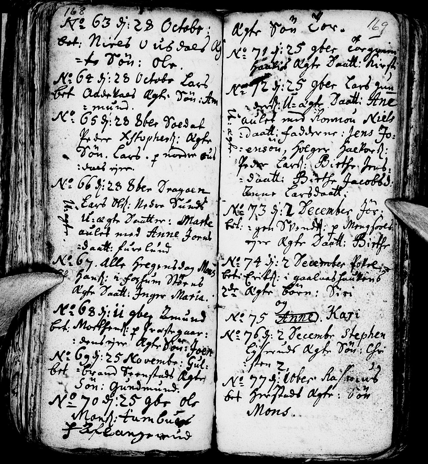 Nes prestekontor, Hedmark, AV/SAH-PREST-020/L/La/L0001: Parish register (copy) no. 1, 1663-1784, p. 168-169