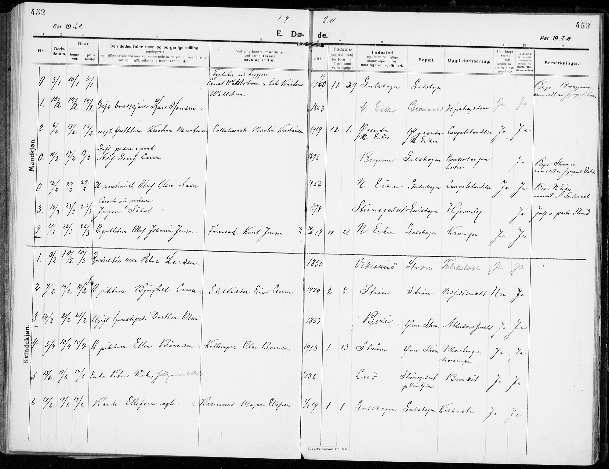 Strømsgodset kirkebøker, SAKO/A-324/F/Fa/L0002: Parish register (official) no. 2, 1910-1920, p. 452-453