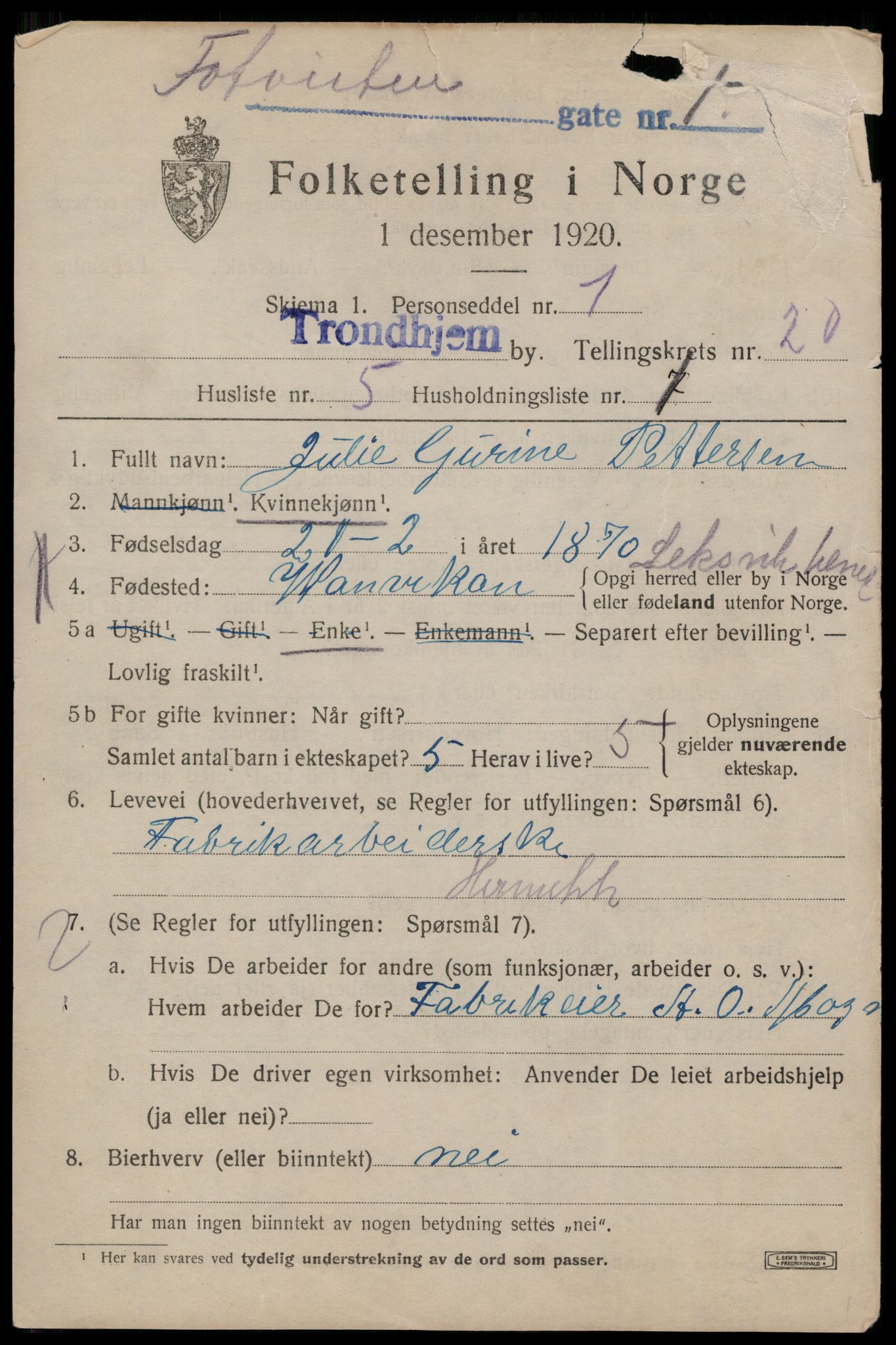 SAT, 1920 census for Trondheim, 1920, p. 59660
