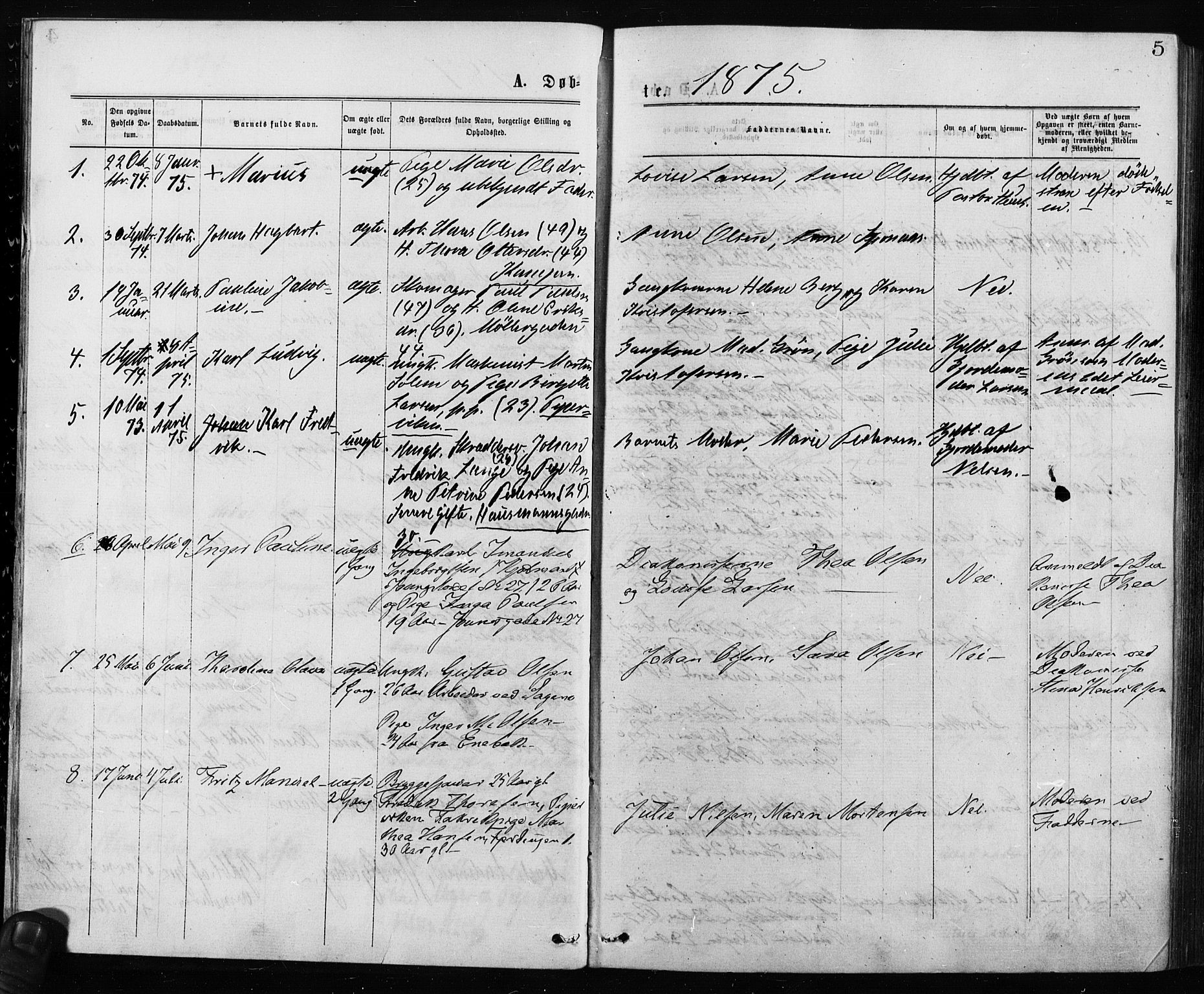 Krohgstøtten sykehusprest Kirkebøker, SAO/A-10854/F/Fa/L0002: Parish register (official) no. 2, 1873-1932, p. 5