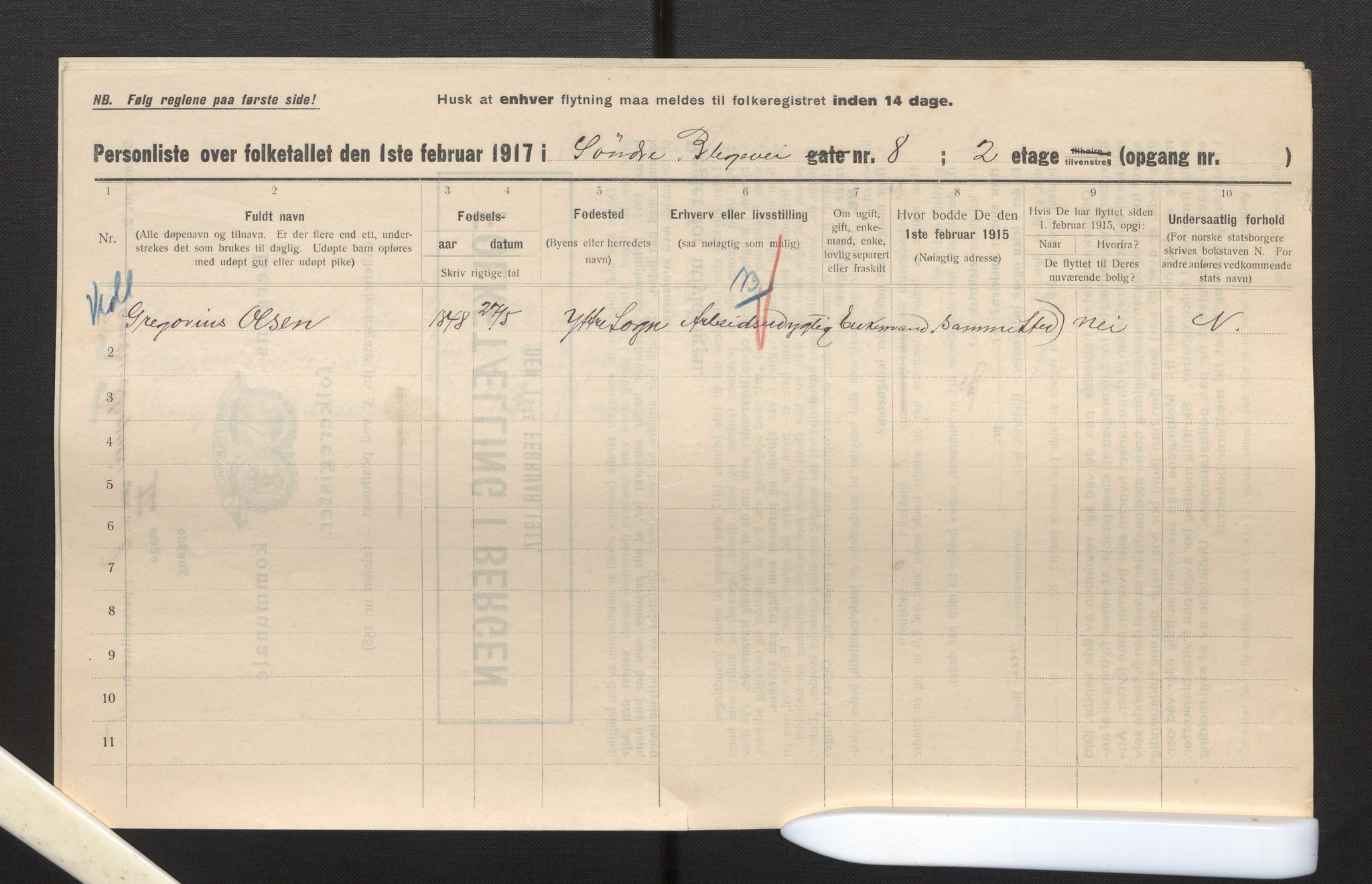 SAB, Municipal Census 1917 for Bergen, 1917, p. 3053