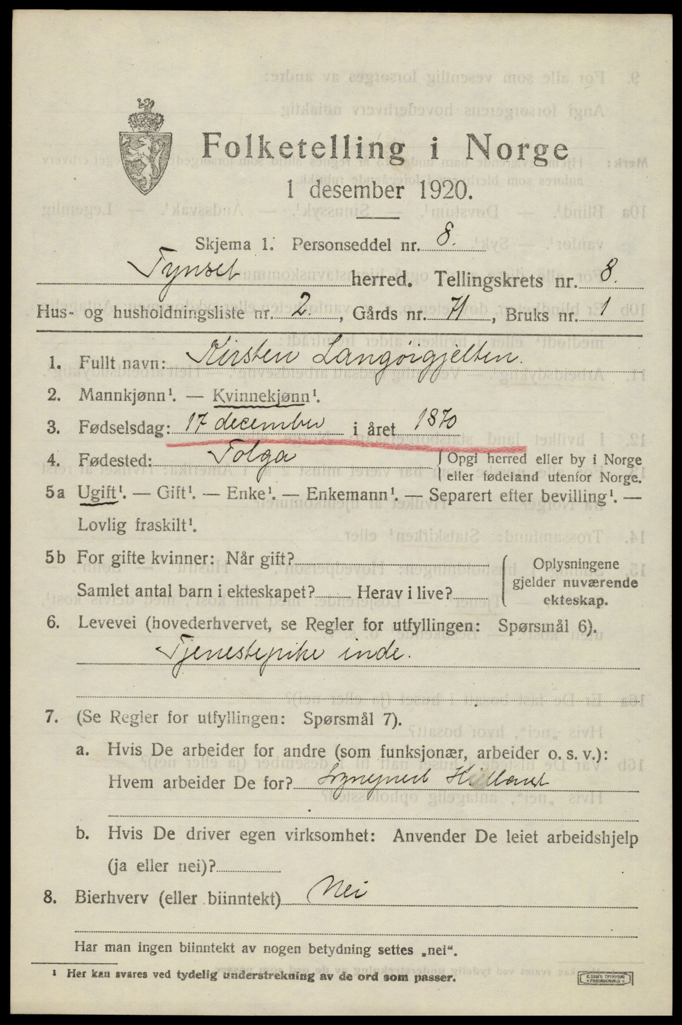 SAH, 1920 census for Tynset, 1920, p. 6570
