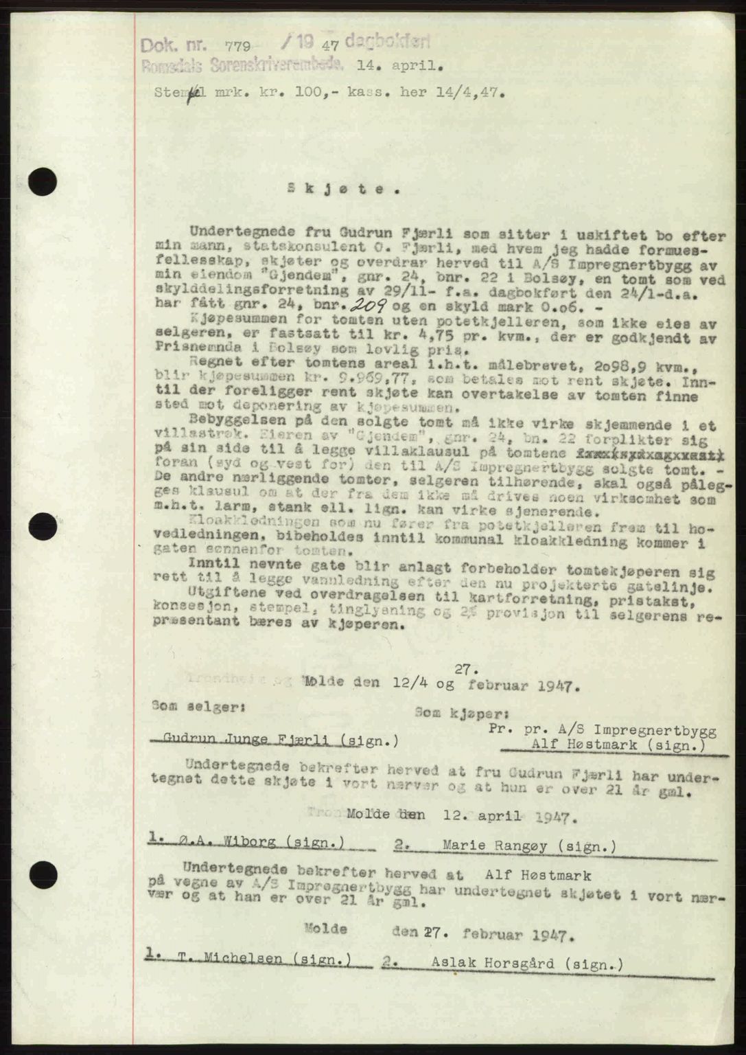Romsdal sorenskriveri, SAT/A-4149/1/2/2C: Mortgage book no. A22, 1947-1947, Diary no: : 779/1947