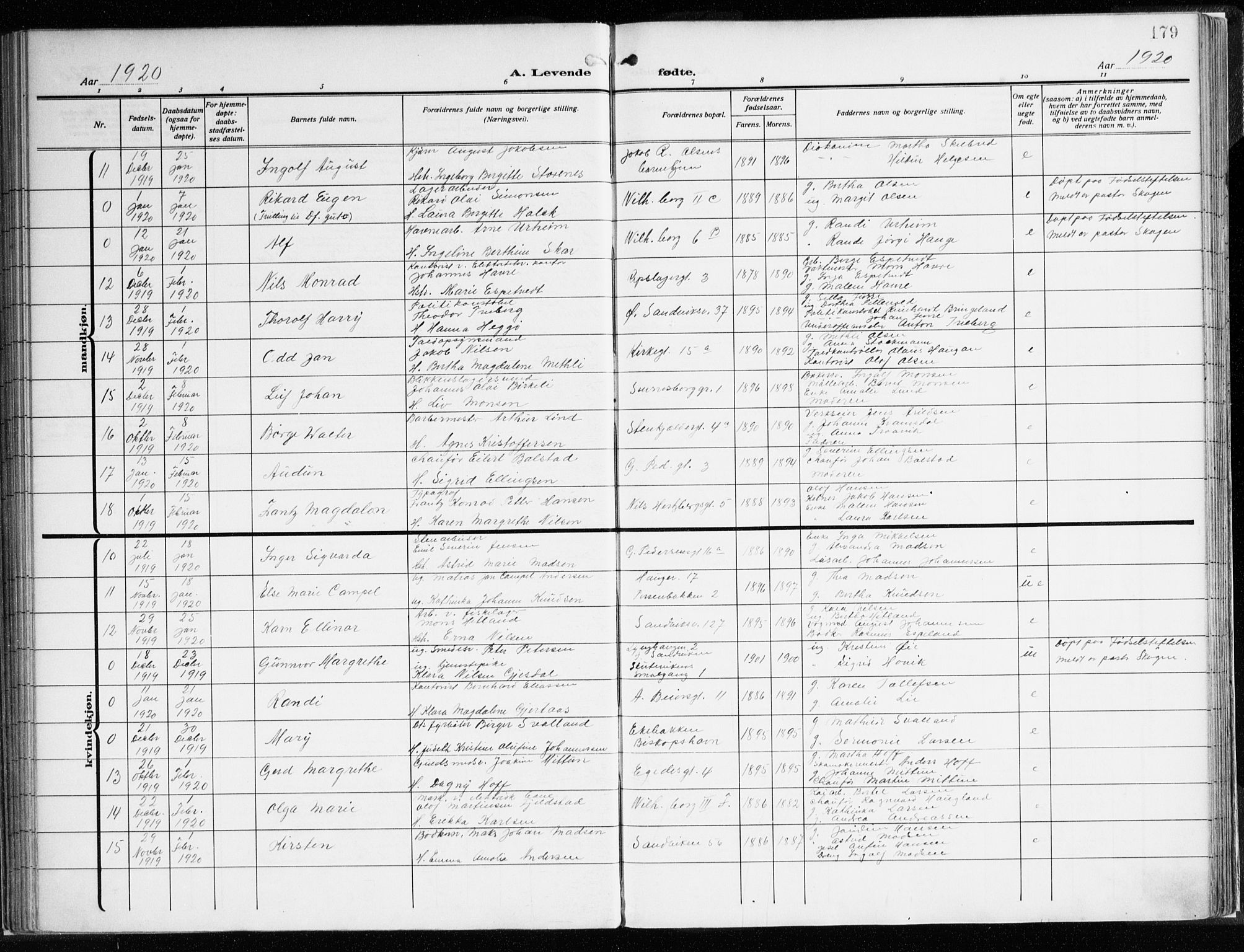 Sandviken Sokneprestembete, AV/SAB-A-77601/H/Ha/L0007: Parish register (official) no. B 4, 1912-1924, p. 179