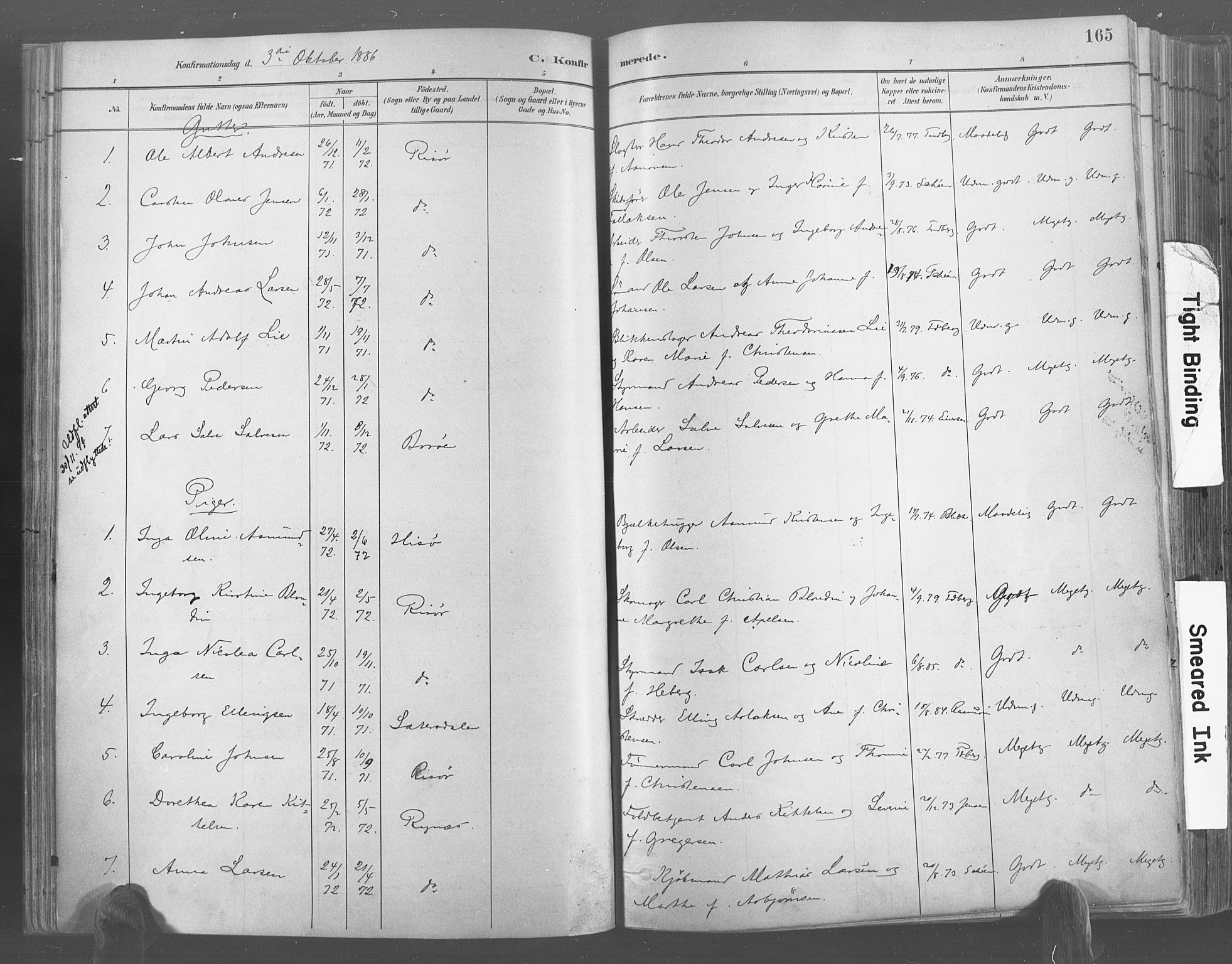 Risør sokneprestkontor, SAK/1111-0035/F/Fa/L0005: Parish register (official) no. A 5, 1883-1895, p. 165