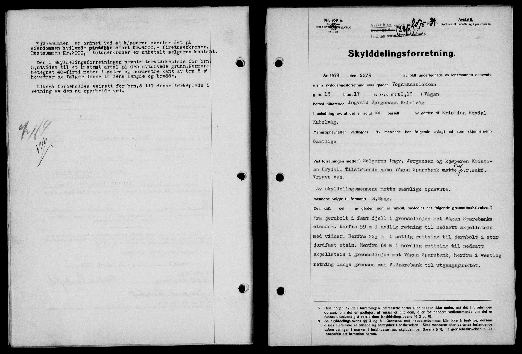 Lofoten sorenskriveri, SAT/A-0017/1/2/2C/L0006a: Mortgage book no. 6a, 1939-1939, Diary no: : 2075/1939