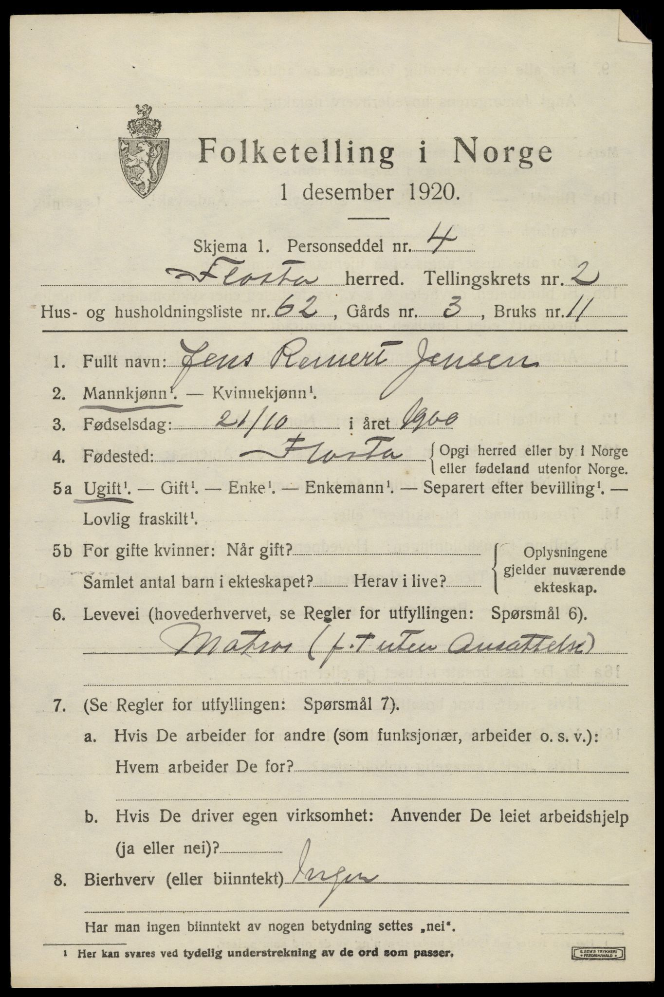 SAK, 1920 census for Flosta, 1920, p. 1664