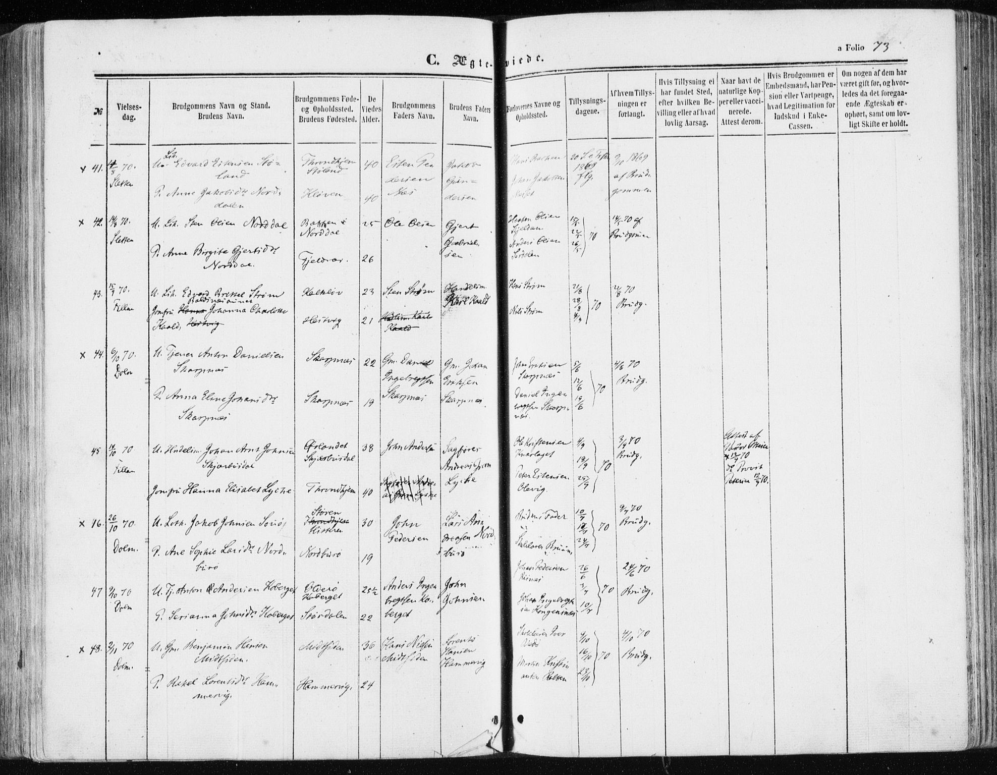 Ministerialprotokoller, klokkerbøker og fødselsregistre - Sør-Trøndelag, SAT/A-1456/634/L0531: Parish register (official) no. 634A07, 1861-1870, p. 73