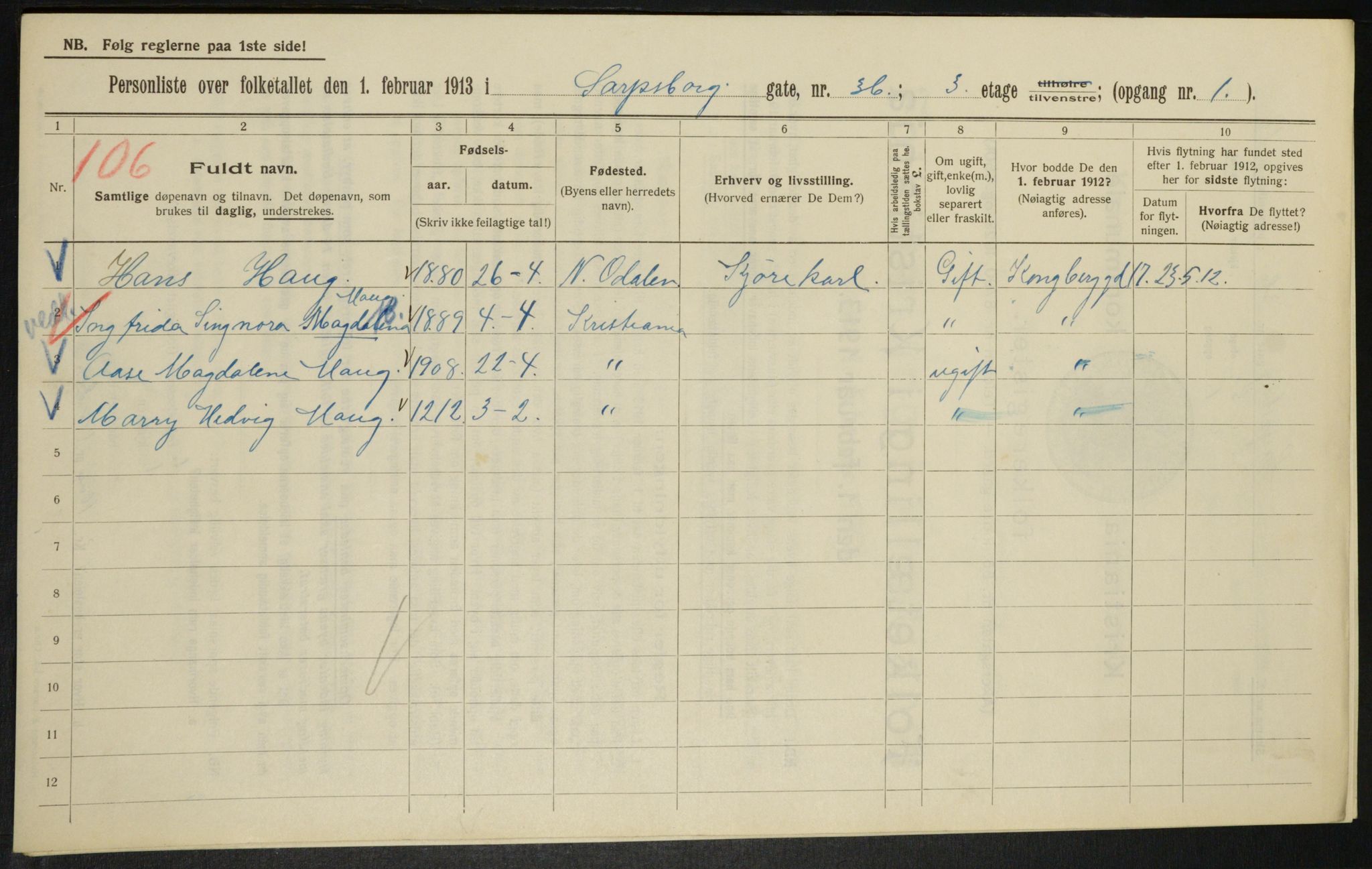 OBA, Municipal Census 1913 for Kristiania, 1913, p. 89196