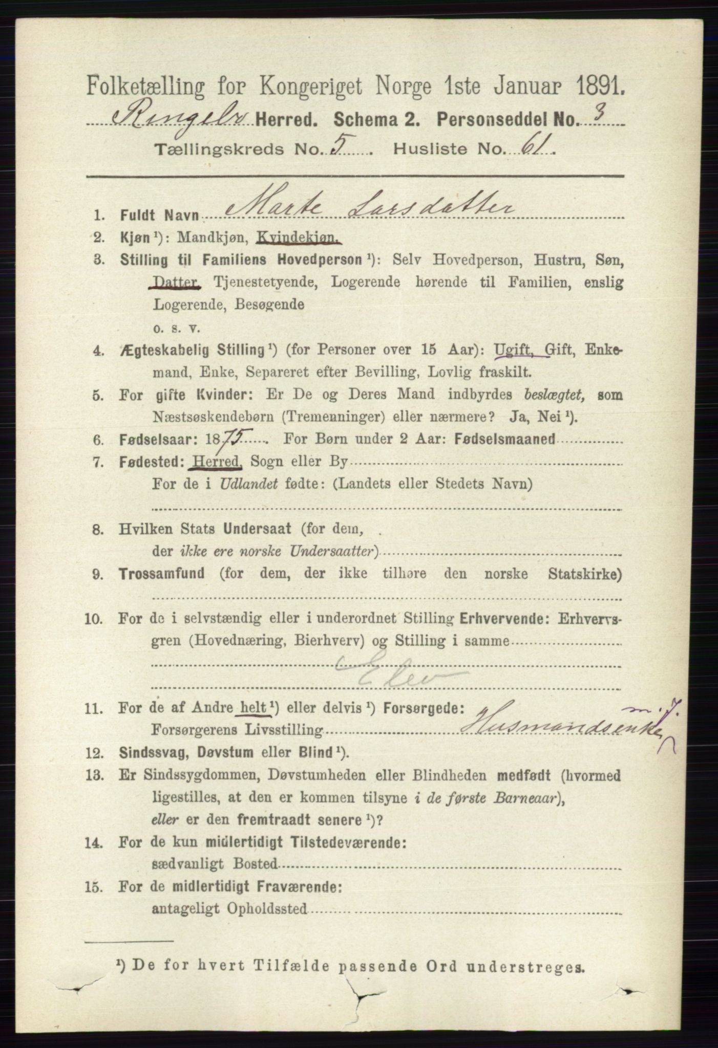 RA, 1891 census for 0520 Ringebu, 1891, p. 2347