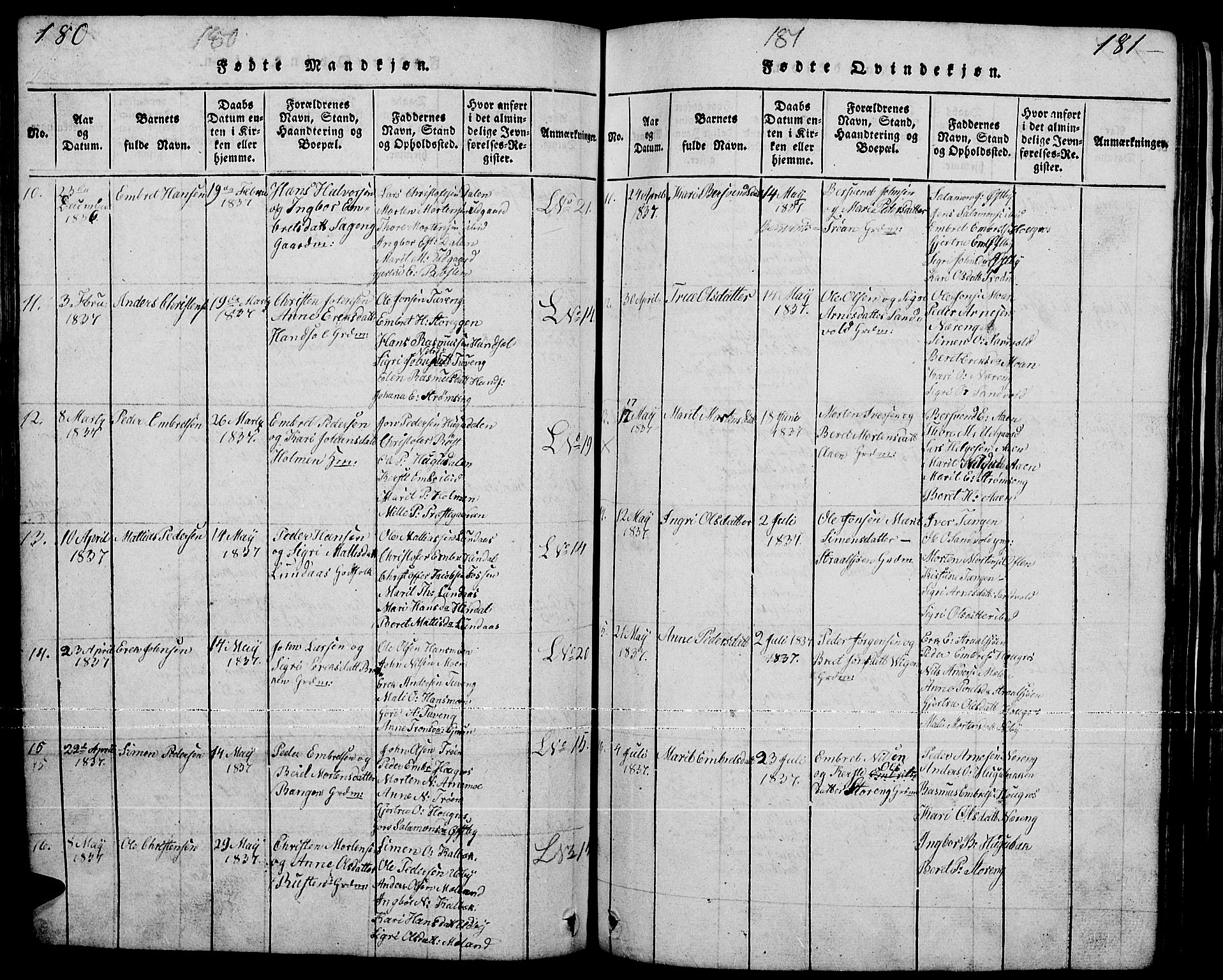 Tynset prestekontor, SAH/PREST-058/H/Ha/Hab/L0001: Parish register (copy) no. 1, 1814-1859, p. 180-181