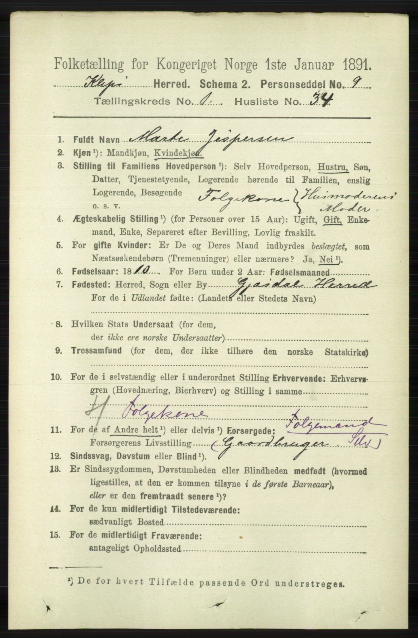 RA, 1891 census for 1120 Klepp, 1891, p. 297