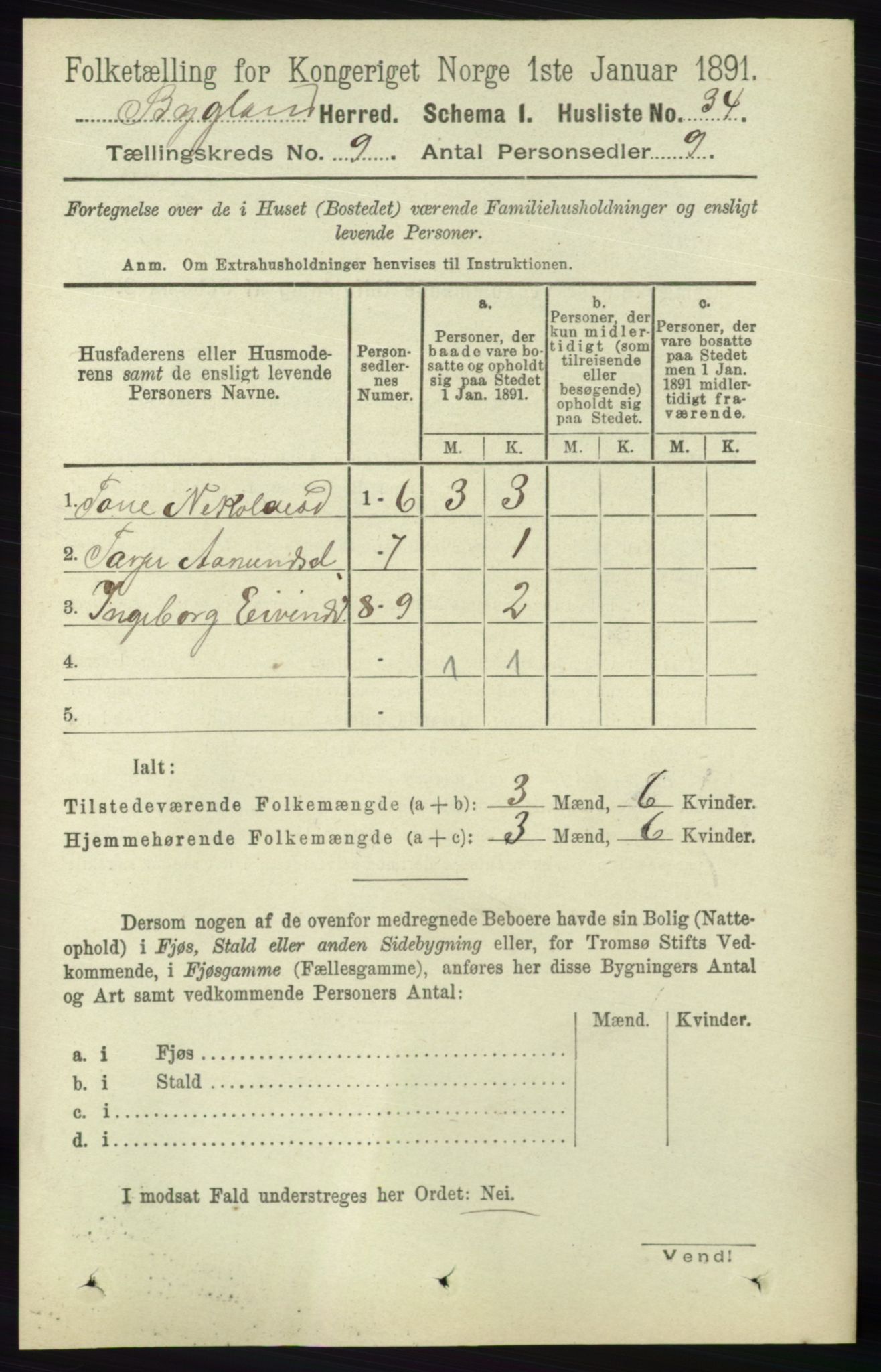 RA, 1891 census for 0938 Bygland, 1891, p. 2225