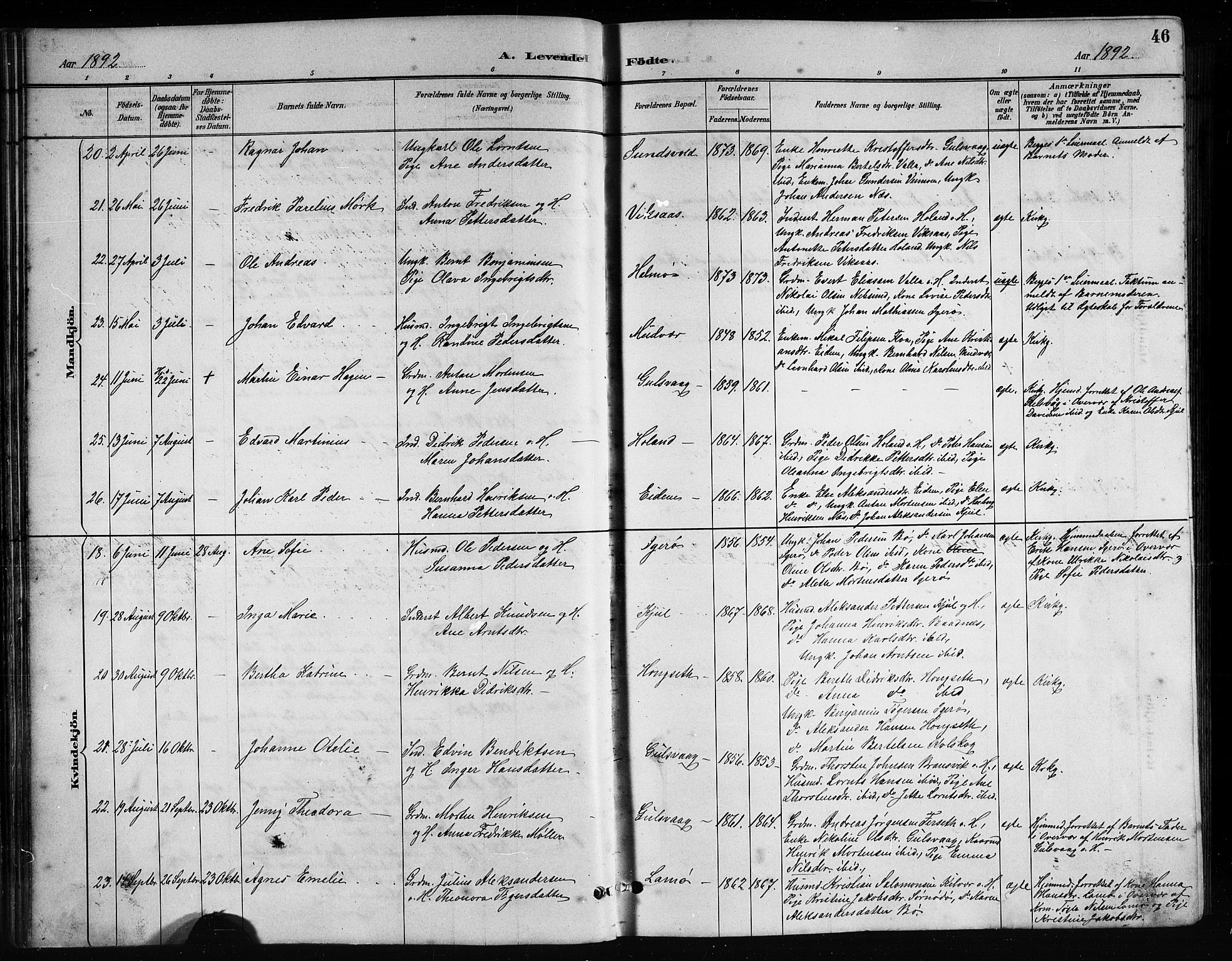 Ministerialprotokoller, klokkerbøker og fødselsregistre - Nordland, AV/SAT-A-1459/816/L0253: Parish register (copy) no. 816C03, 1886-1905, p. 46