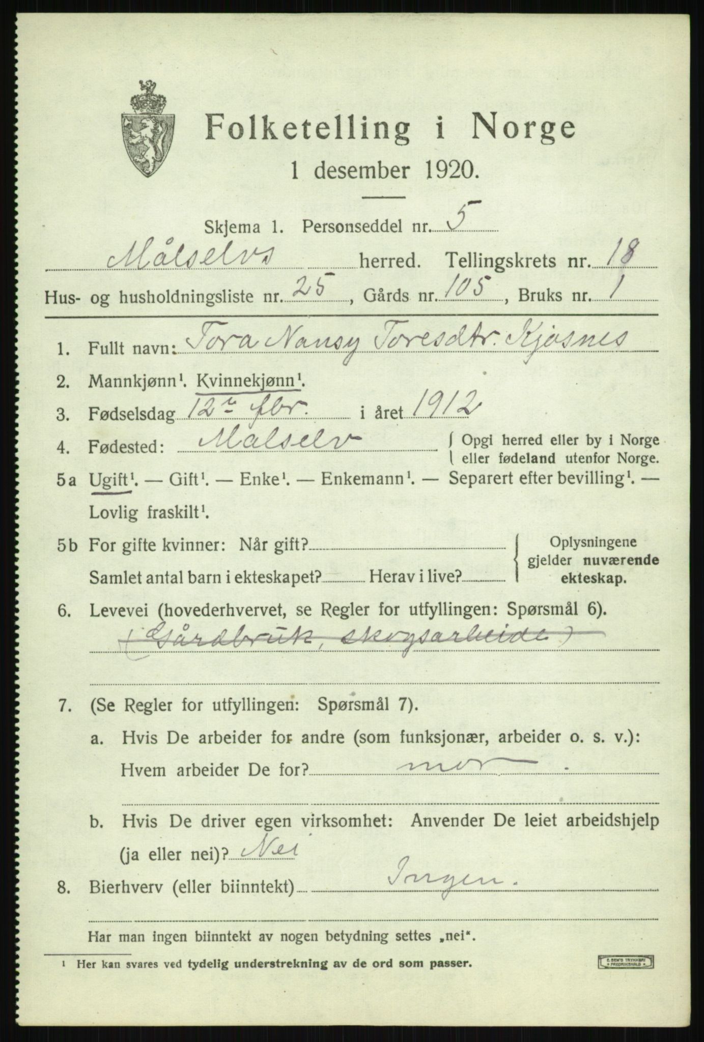 SATØ, 1920 census for Målselv, 1920, p. 9163