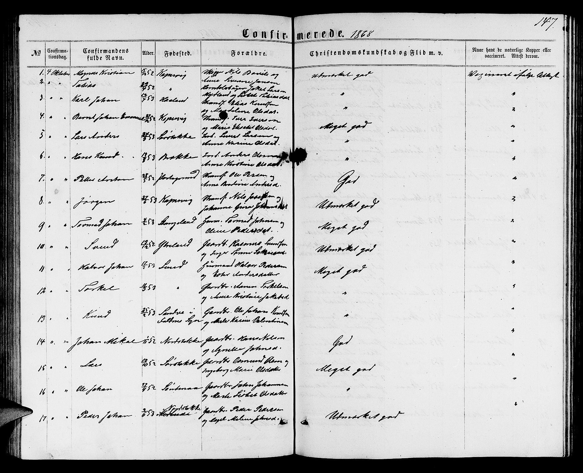 Avaldsnes sokneprestkontor, SAST/A -101851/H/Ha/Hab/L0004: Parish register (copy) no. B 4, 1861-1876, p. 147
