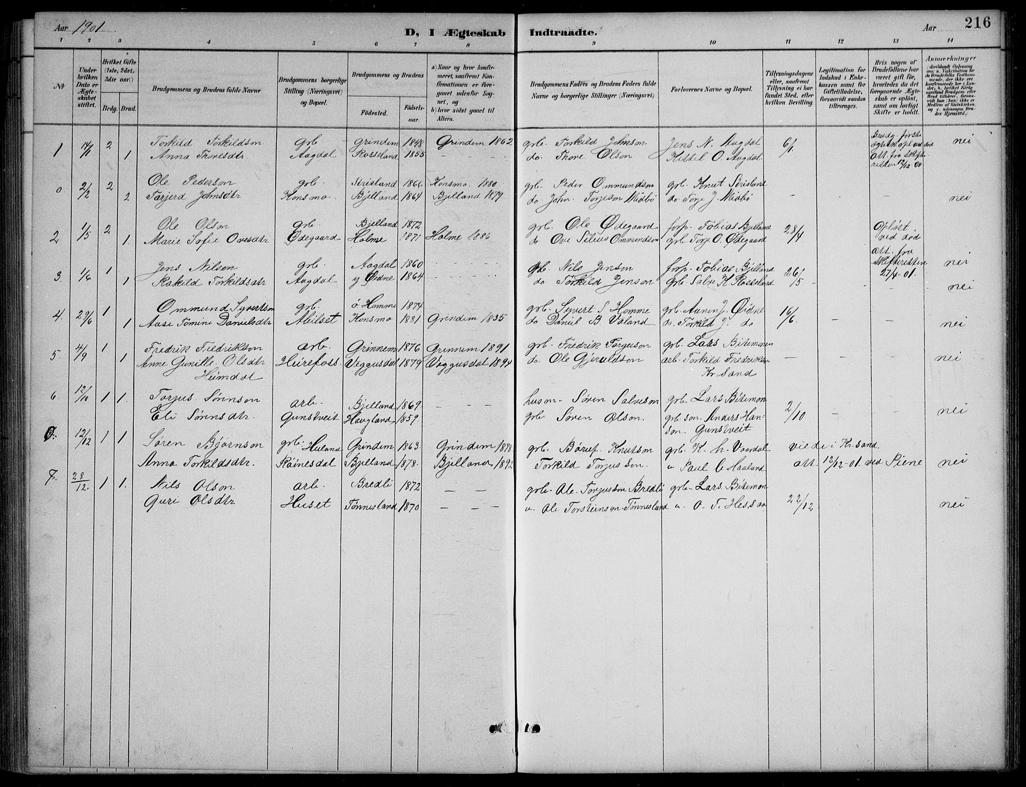 Bjelland sokneprestkontor, SAK/1111-0005/F/Fb/Fba/L0005: Parish register (copy) no. B 5, 1887-1923, p. 216