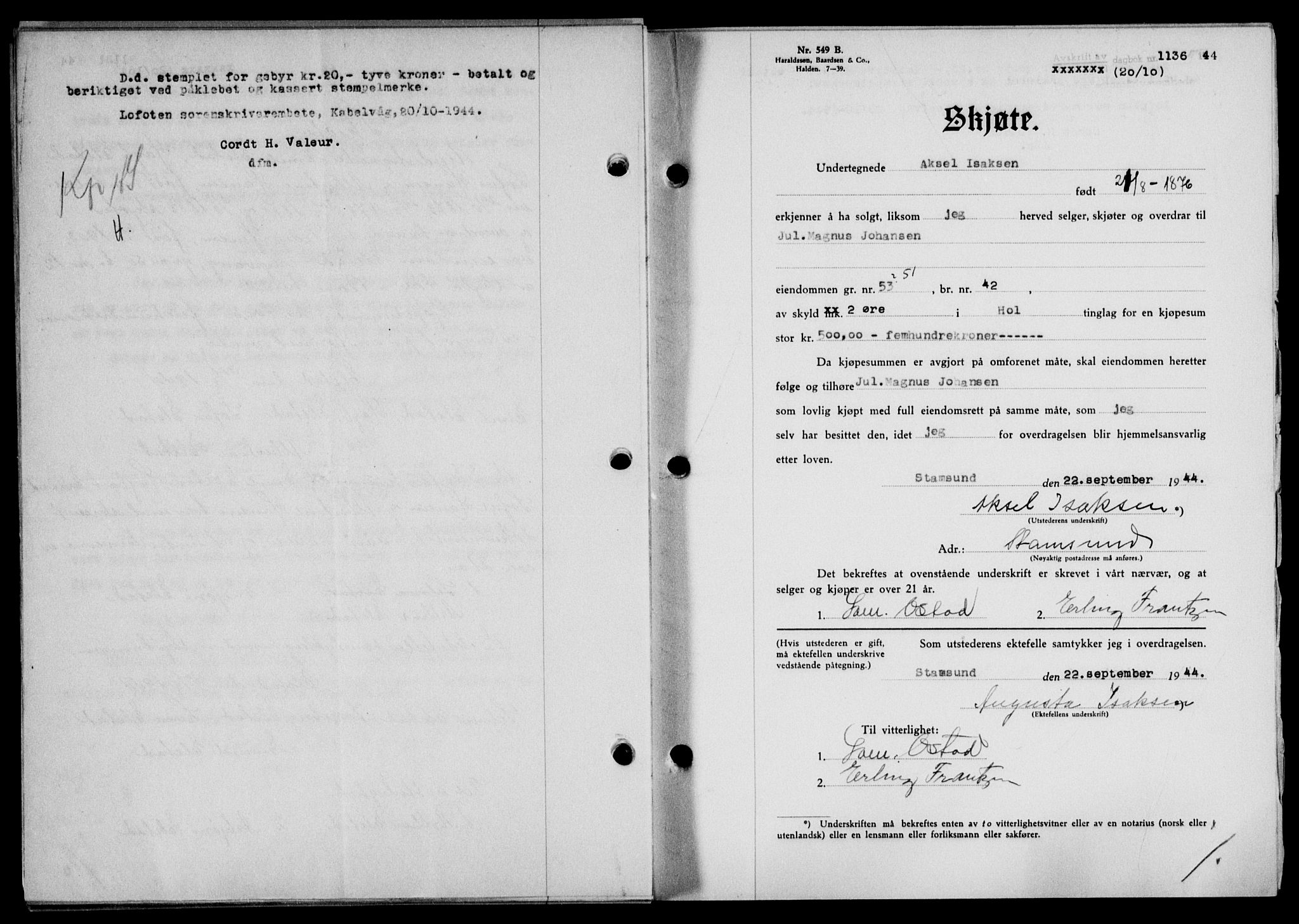 Lofoten sorenskriveri, SAT/A-0017/1/2/2C/L0012a: Mortgage book no. 12a, 1943-1944, Diary no: : 1136/1944