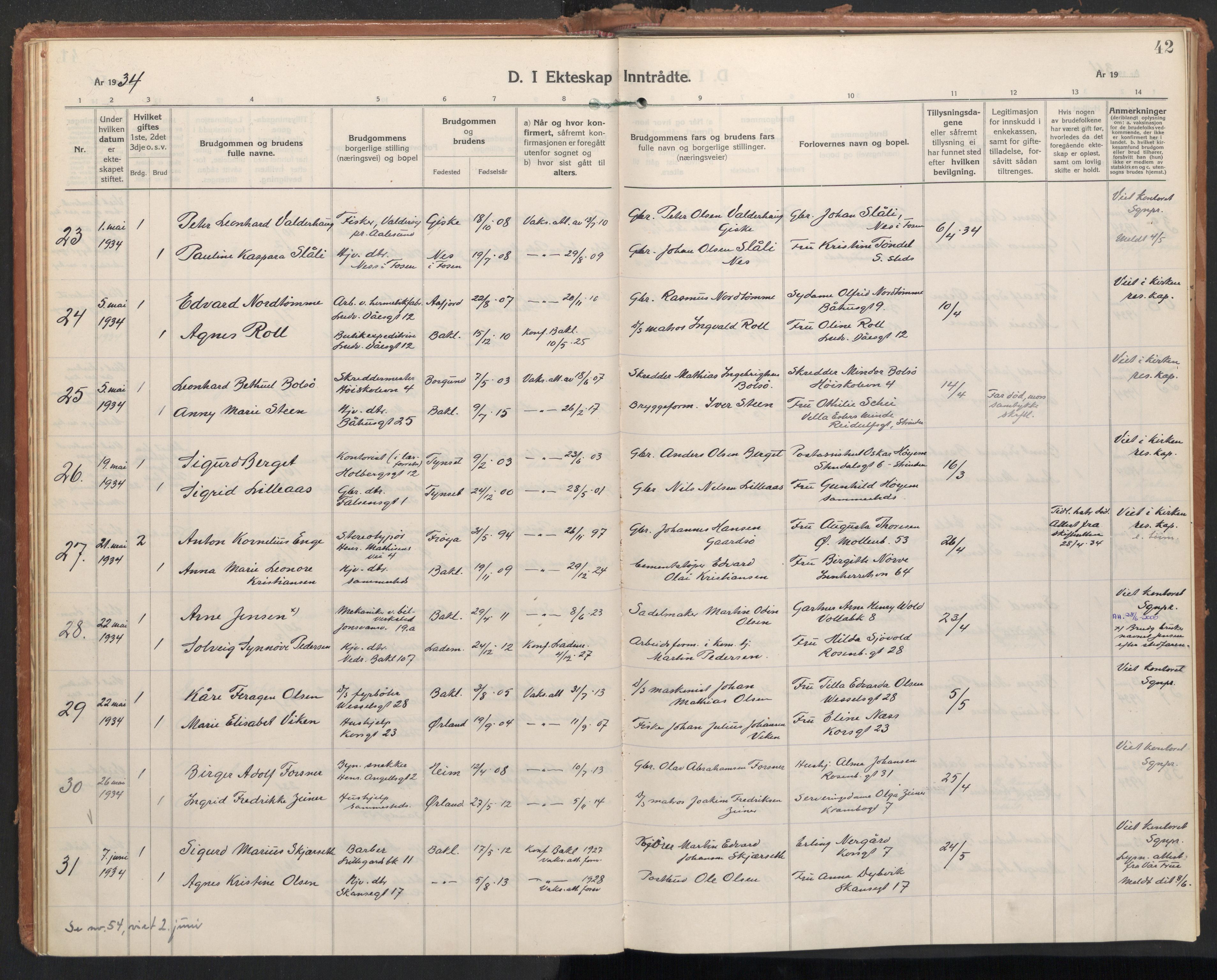 Ministerialprotokoller, klokkerbøker og fødselsregistre - Sør-Trøndelag, AV/SAT-A-1456/604/L0209: Parish register (official) no. 604A29, 1931-1945, p. 42