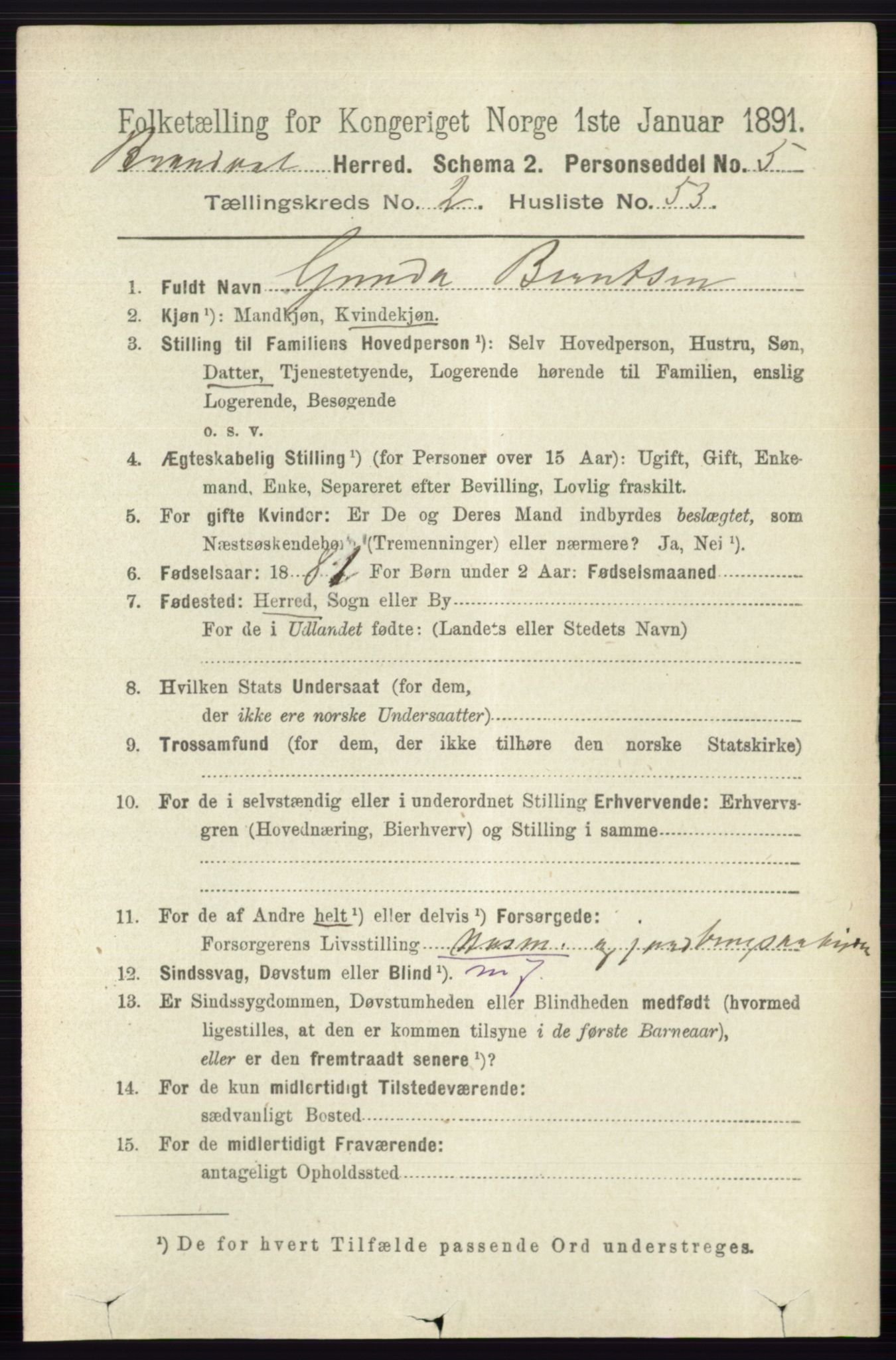 RA, 1891 census for 0422 Brandval, 1891, p. 1154