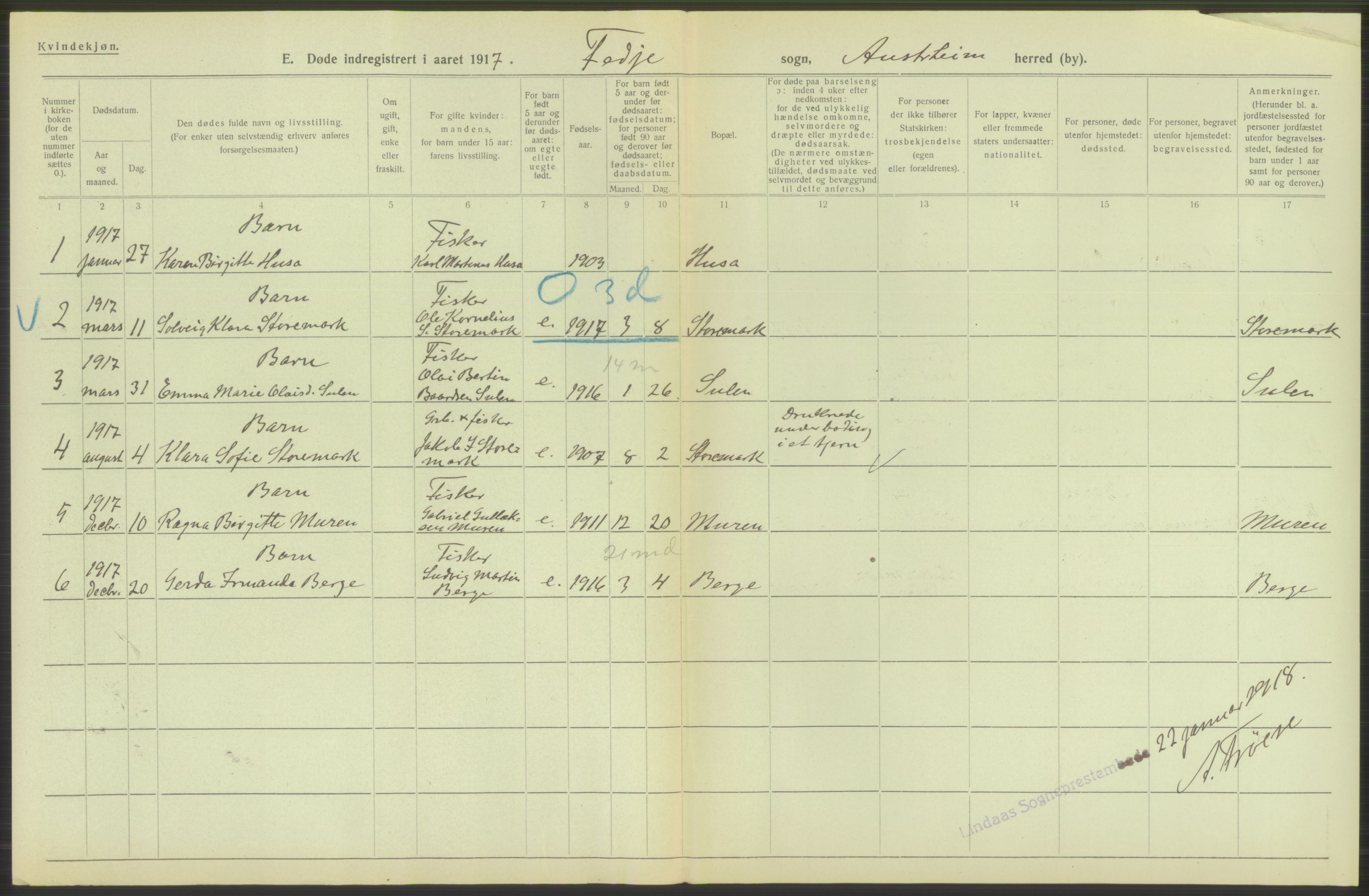 Statistisk sentralbyrå, Sosiodemografiske emner, Befolkning, RA/S-2228/D/Df/Dfb/Dfbg/L0036: S. Bergenhus amt: Døde, dødfødte. Bygder., 1917, p. 288