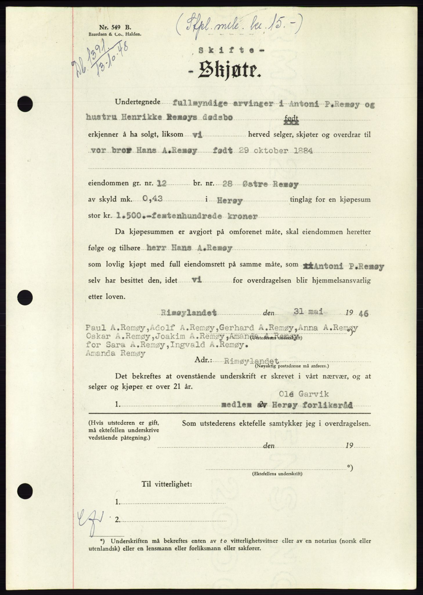 Søre Sunnmøre sorenskriveri, AV/SAT-A-4122/1/2/2C/L0083: Mortgage book no. 9A, 1948-1949, Diary no: : 1391/1948