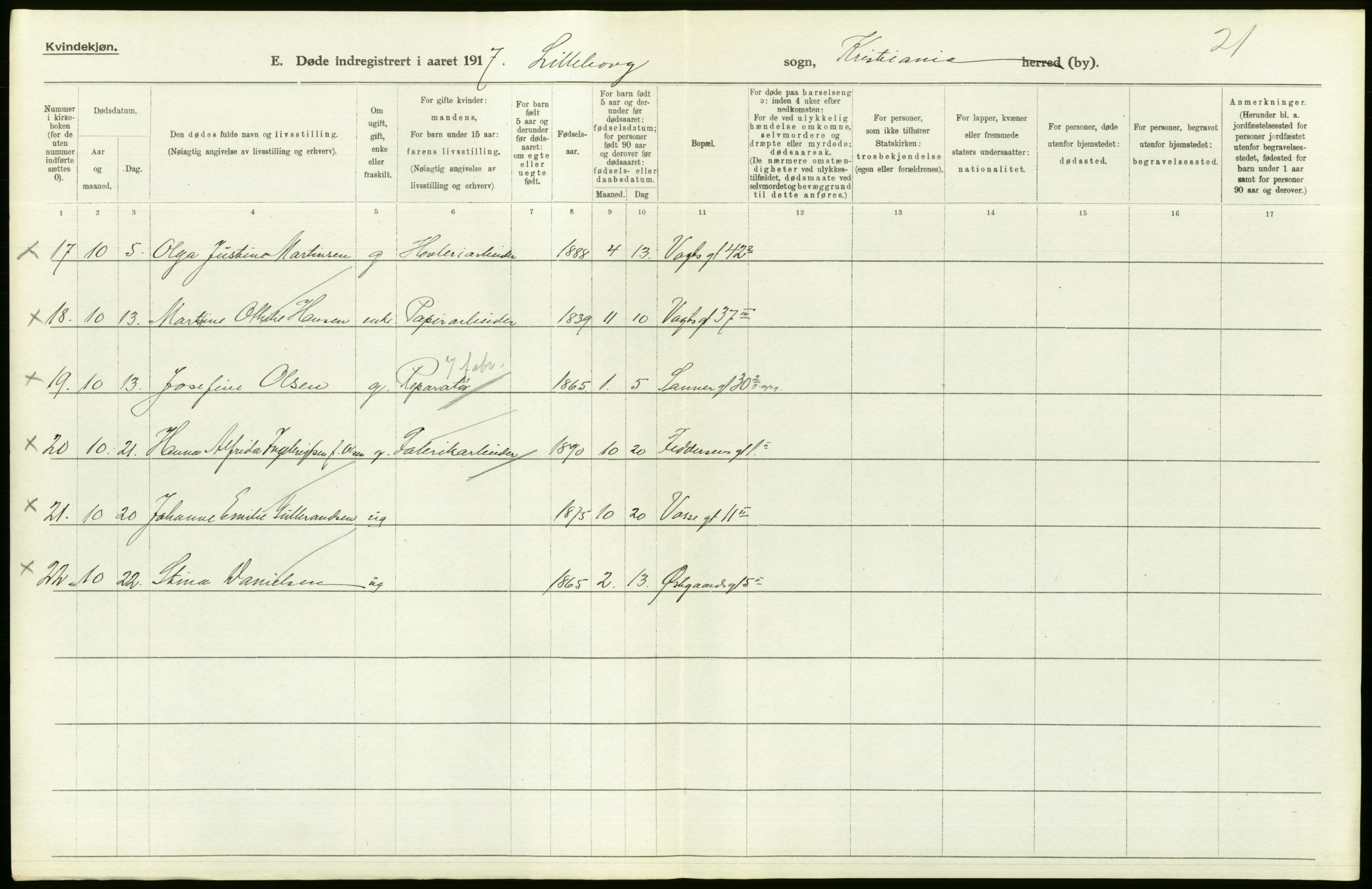 Statistisk sentralbyrå, Sosiodemografiske emner, Befolkning, AV/RA-S-2228/D/Df/Dfb/Dfbg/L0010: Kristiania: Døde, 1917, p. 158