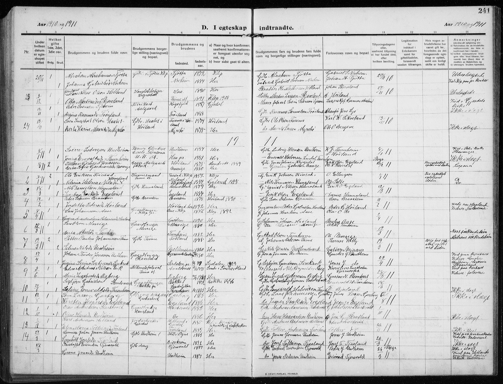 Time sokneprestkontor, SAST/A-101795/001/30BB/L0001: Parish register (copy) no. B 1, 1910-1932, p. 241