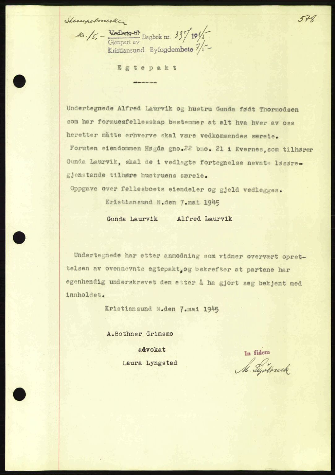 Kristiansund byfogd, SAT/A-4587/A/27: Mortgage book no. 37-38, 1943-1945, Diary no: : 337/1945