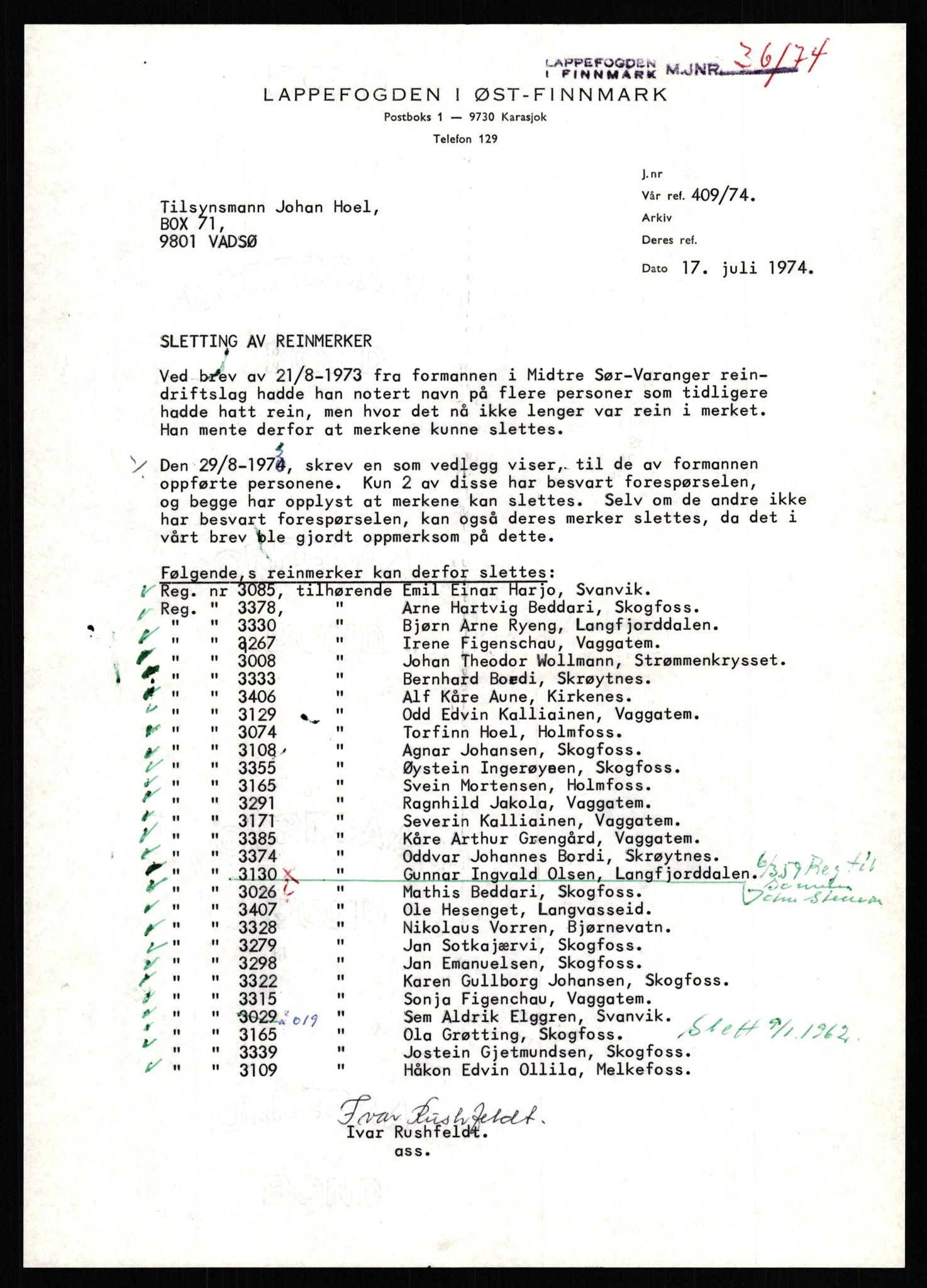 Lappefogden i Finnmark/Reindriftsforvaltningen Øst-Finnmark, AV/SATØ-S-1461/G/Ge/Gea/L0007: Slettede reinmerker: Karasjok, Kautokeino, Polmak og Varanger, 1934-1992, p. 493