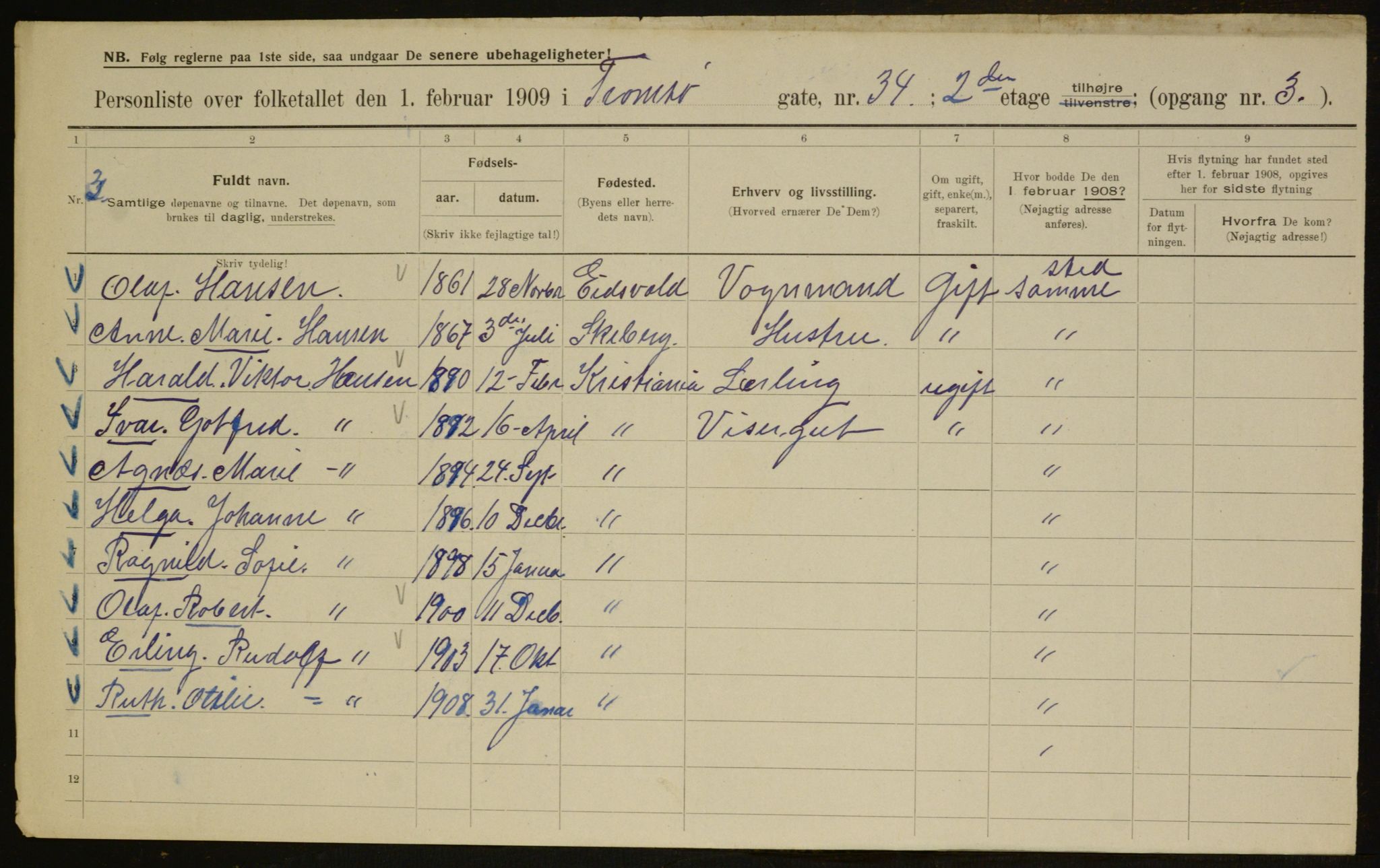 OBA, Municipal Census 1909 for Kristiania, 1909, p. 105194