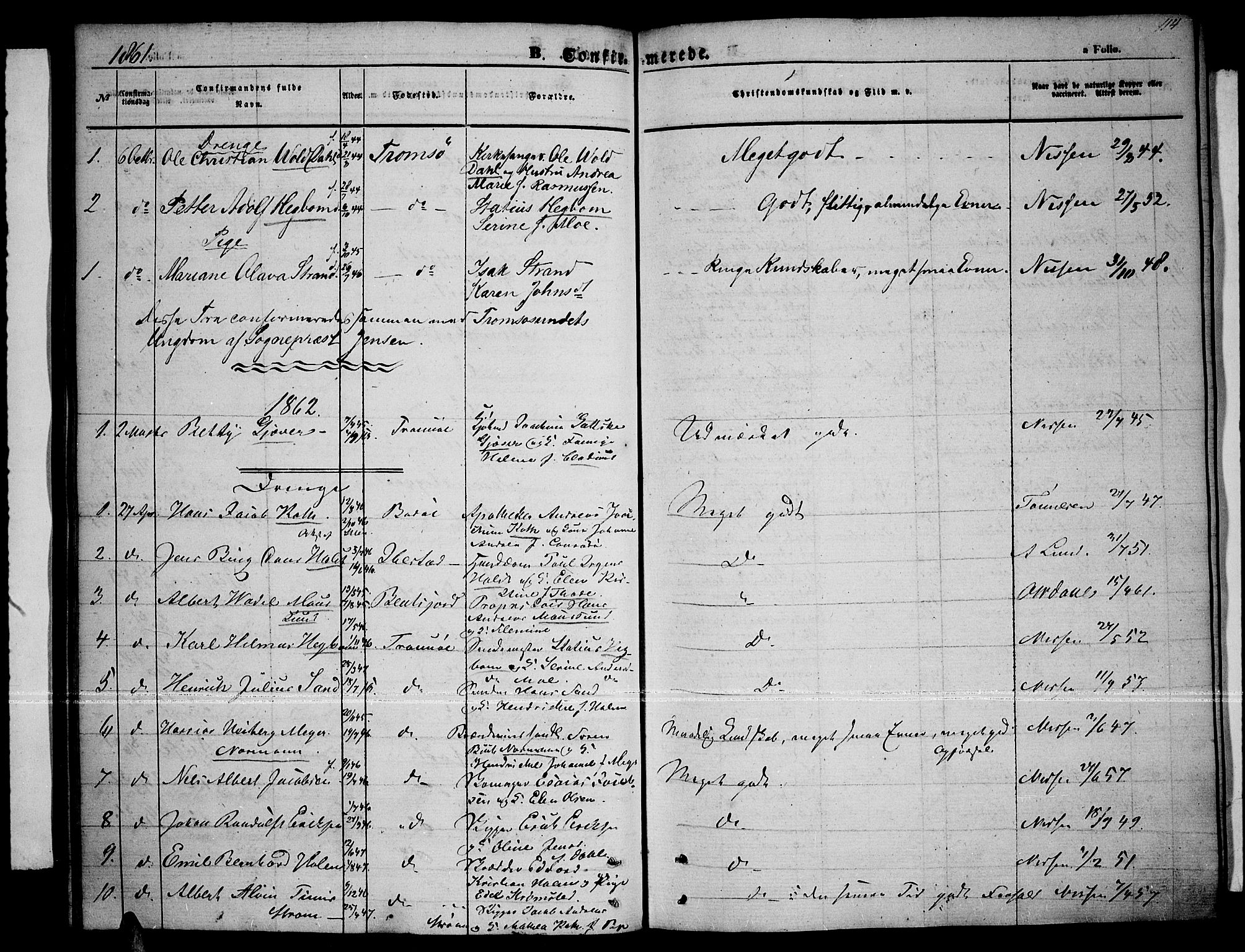 Tromsø sokneprestkontor/stiftsprosti/domprosti, SATØ/S-1343/G/Gb/L0006klokker: Parish register (copy) no. 6, 1857-1866, p. 114
