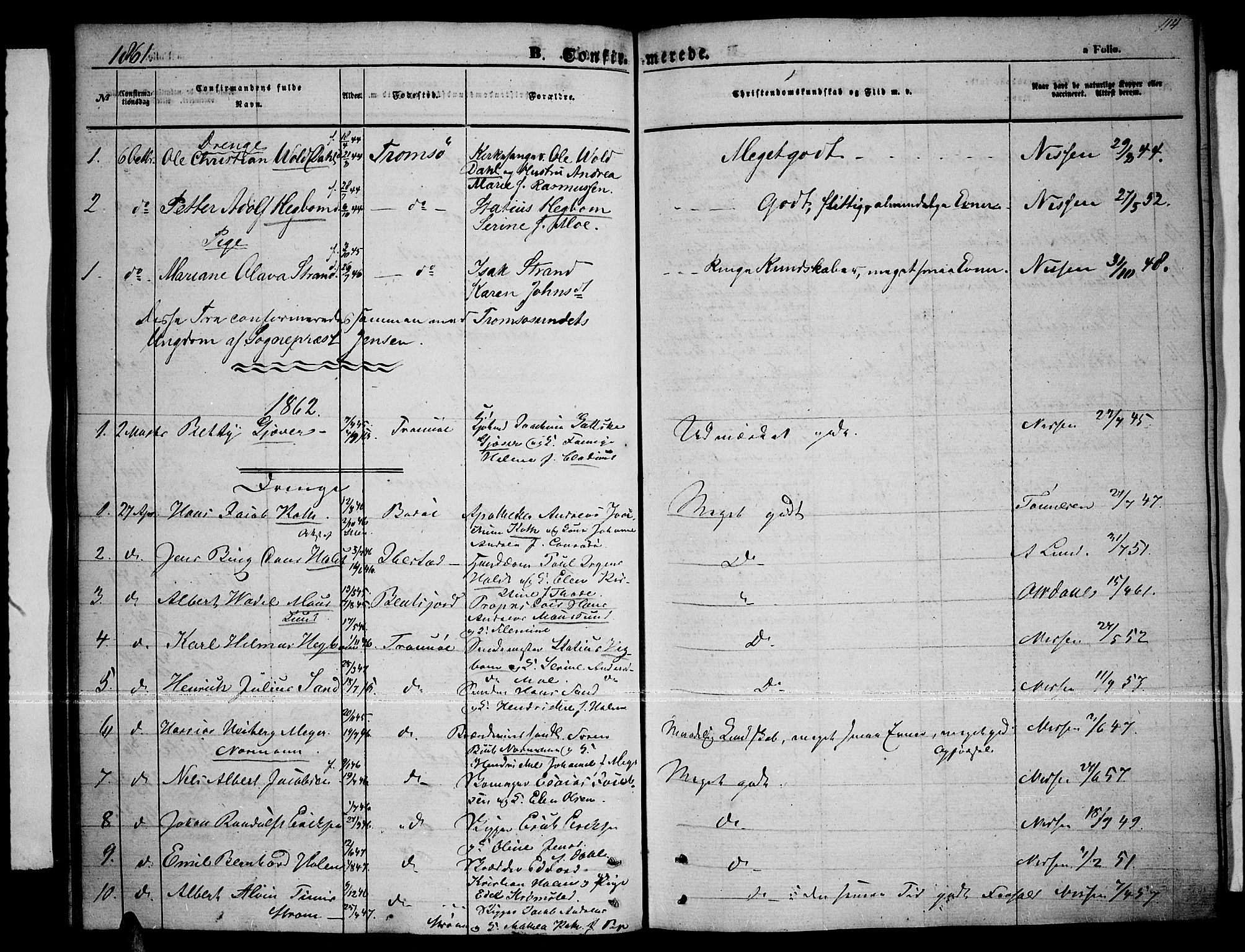 Tromsø sokneprestkontor/stiftsprosti/domprosti, AV/SATØ-S-1343/G/Gb/L0006klokker: Parish register (copy) no. 6, 1857-1866, p. 114