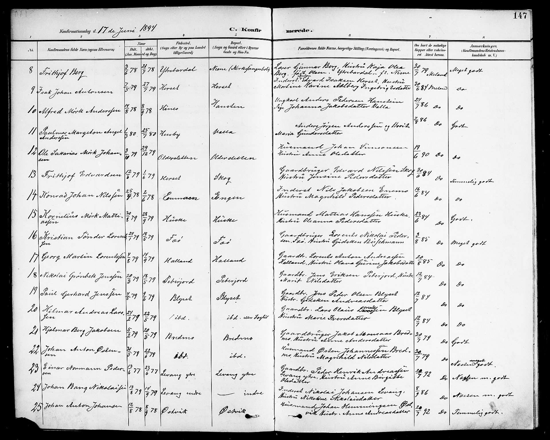 Ministerialprotokoller, klokkerbøker og fødselsregistre - Nordland, AV/SAT-A-1459/838/L0559: Parish register (copy) no. 838C06, 1893-1910, p. 147