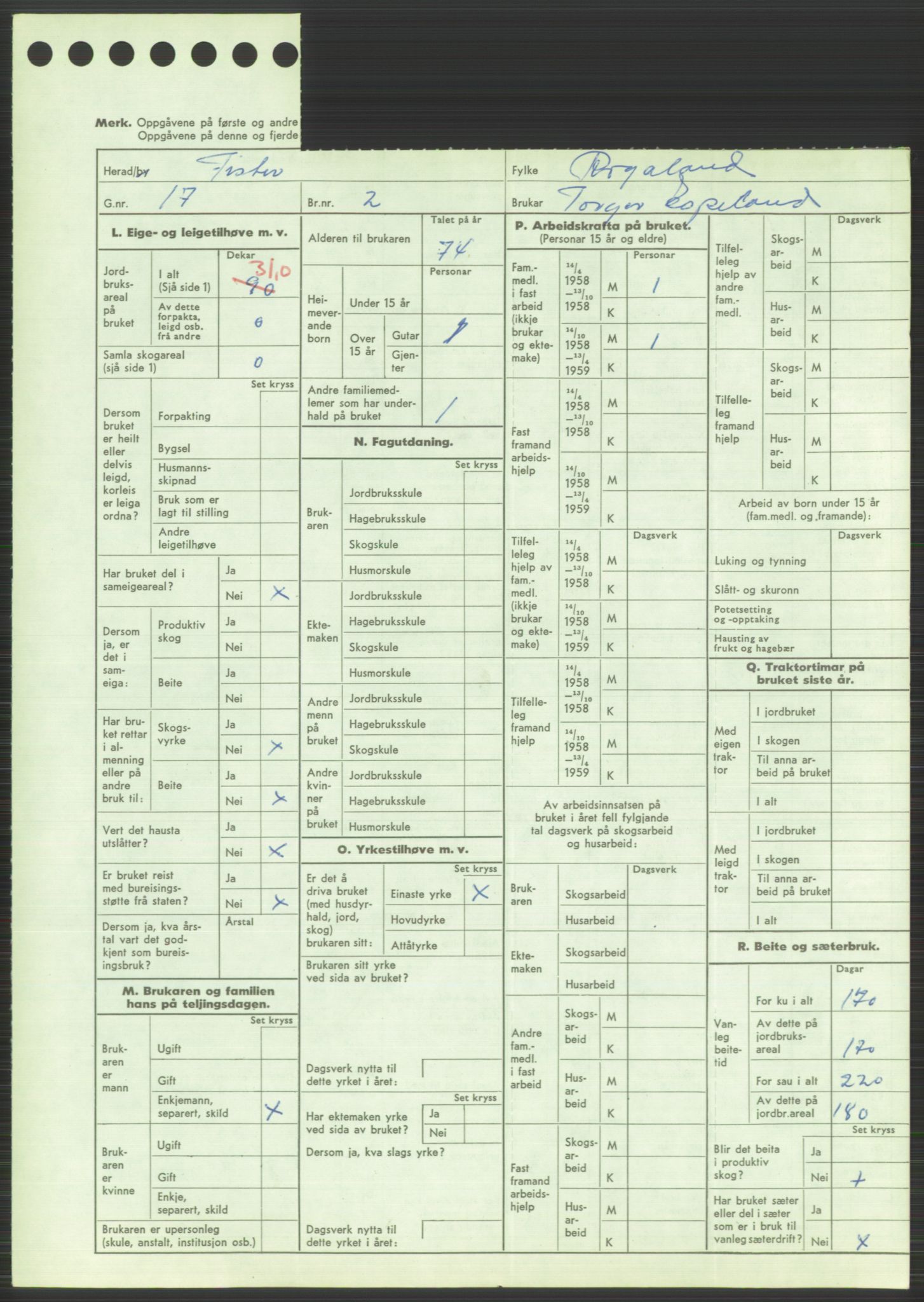 Statistisk sentralbyrå, Næringsøkonomiske emner, Jordbruk, skogbruk, jakt, fiske og fangst, AV/RA-S-2234/G/Gd/L0373: Rogaland: 1130 Strand (kl. 1-2), 1131 Årdal og 1132 Fister, 1959, p. 1865