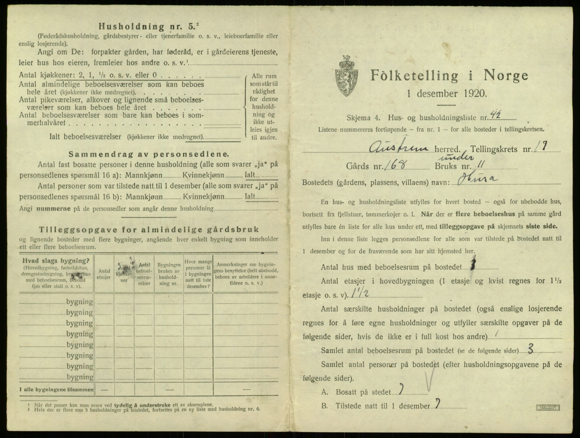 SAB, 1920 census for Austrheim, 1920, p. 849