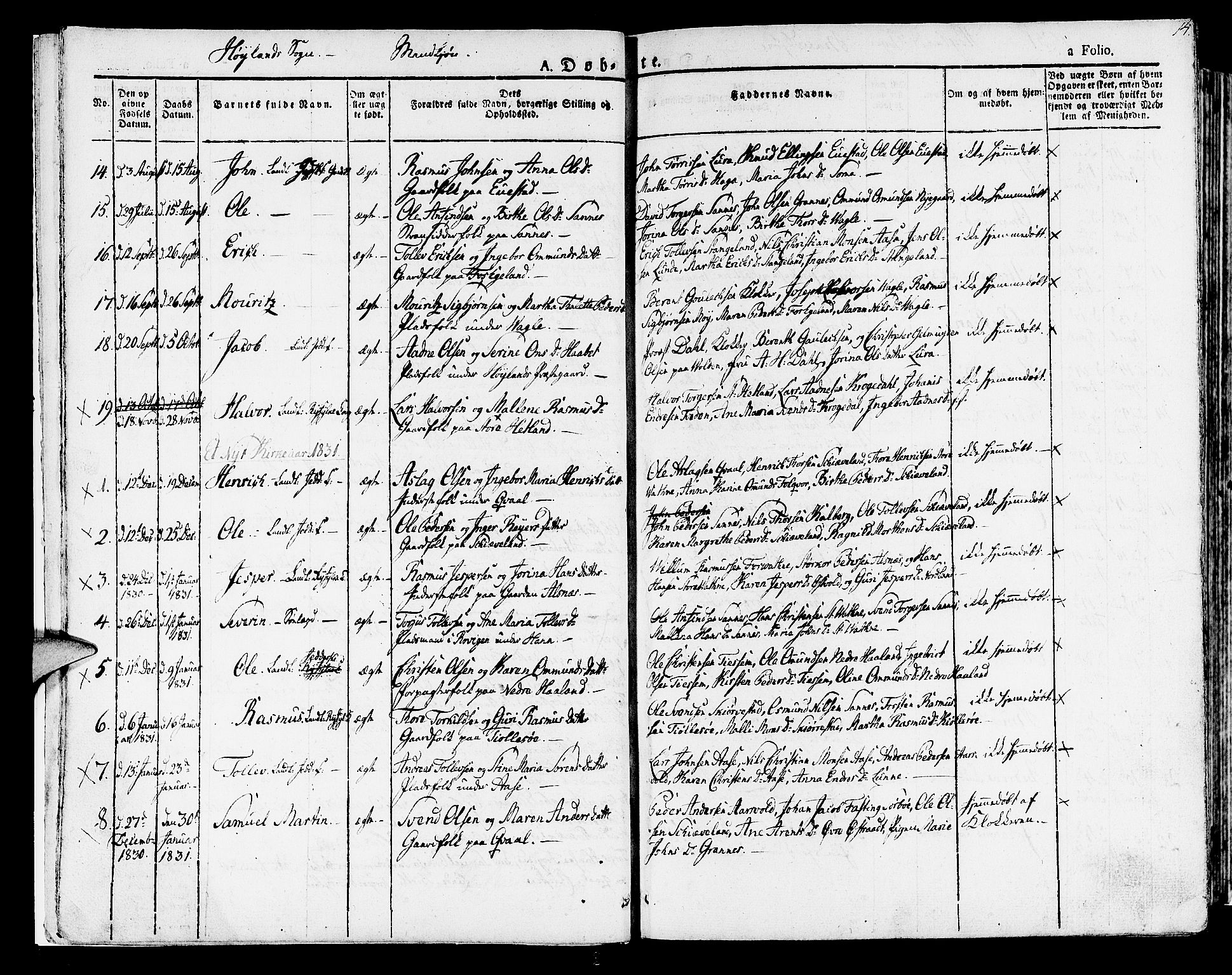 Høyland sokneprestkontor, SAST/A-101799/001/30BA/L0007: Parish register (official) no. A 7 /1, 1825-1841, p. 14