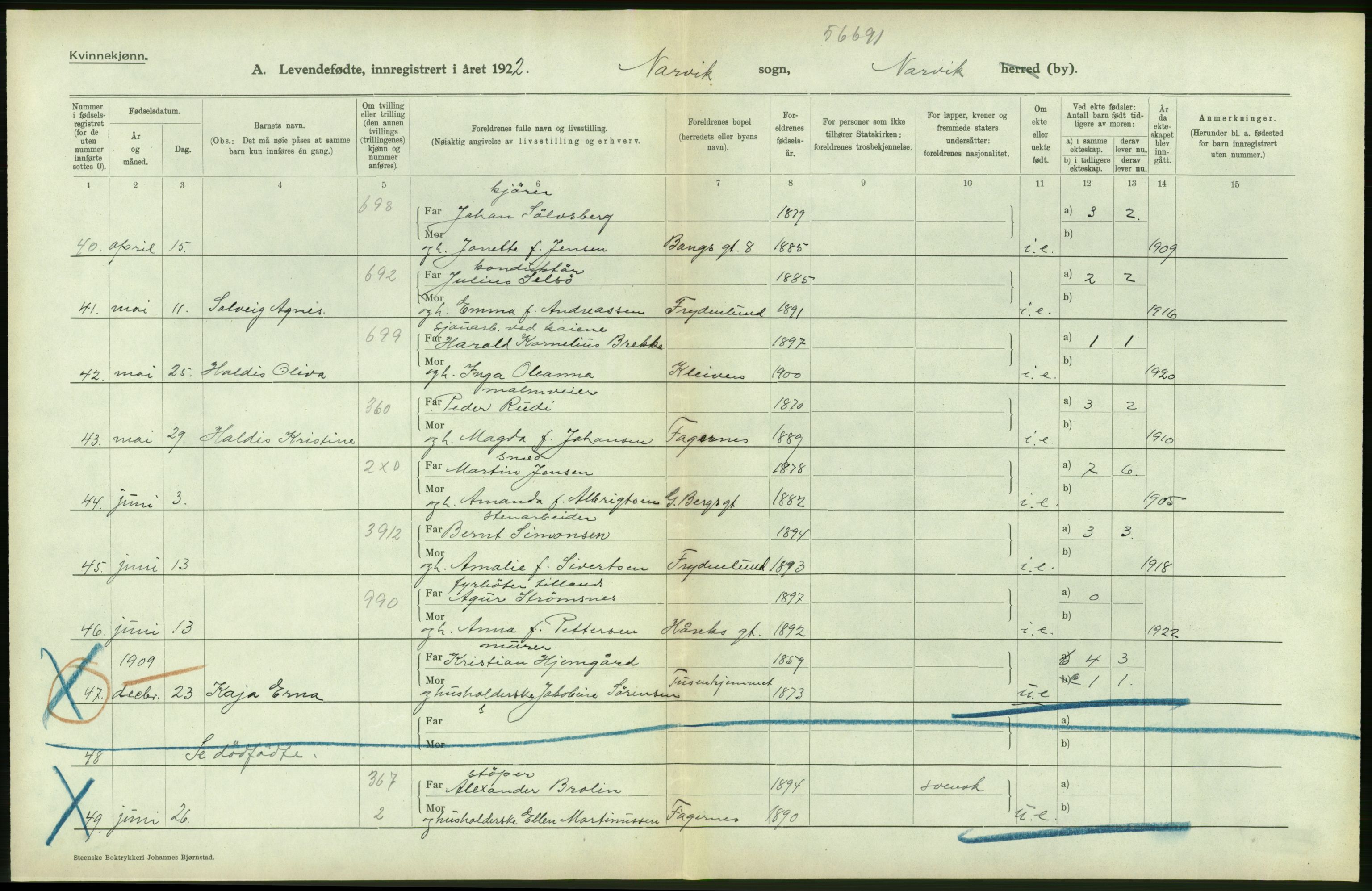 Statistisk sentralbyrå, Sosiodemografiske emner, Befolkning, AV/RA-S-2228/D/Df/Dfc/Dfcb/L0044: Nordland fylke: Levendefødte menn og kvinner. Bygder og byer., 1922, p. 72