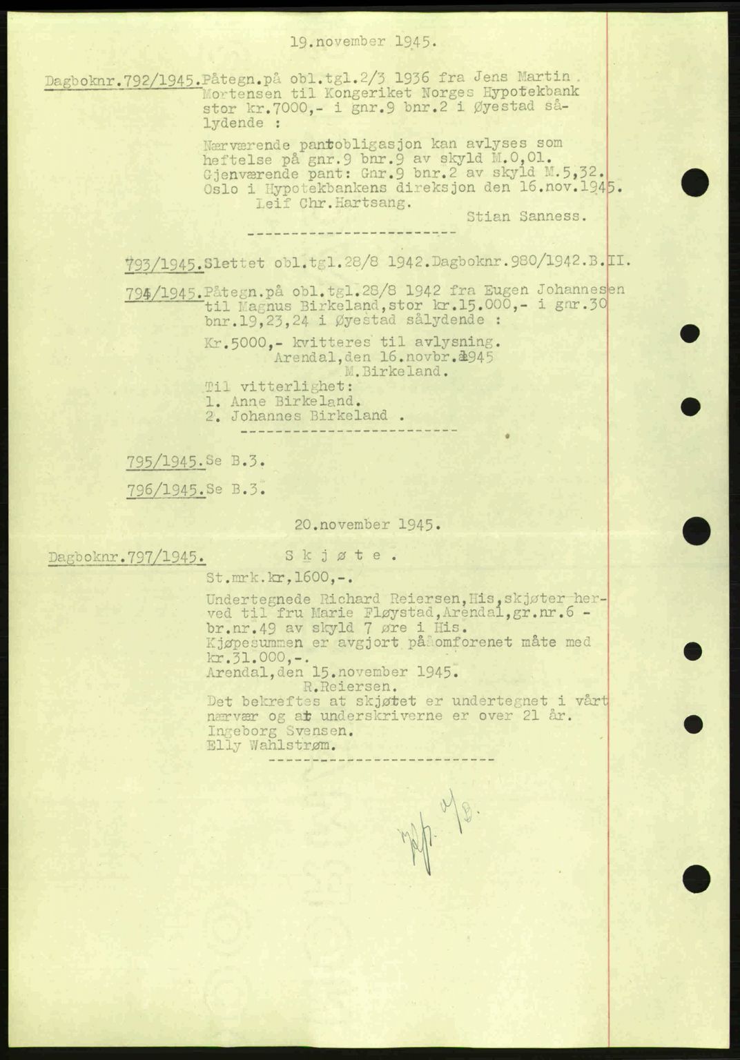 Nedenes sorenskriveri, SAK/1221-0006/G/Gb/Gba/L0053: Mortgage book no. A6b, 1945-1945, Diary no: : 792/1945