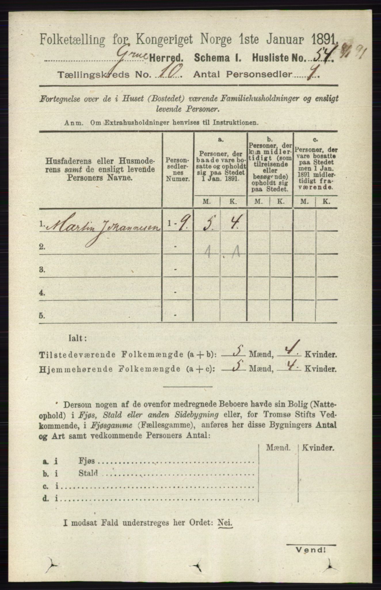 RA, 1891 census for 0423 Grue, 1891, p. 5345