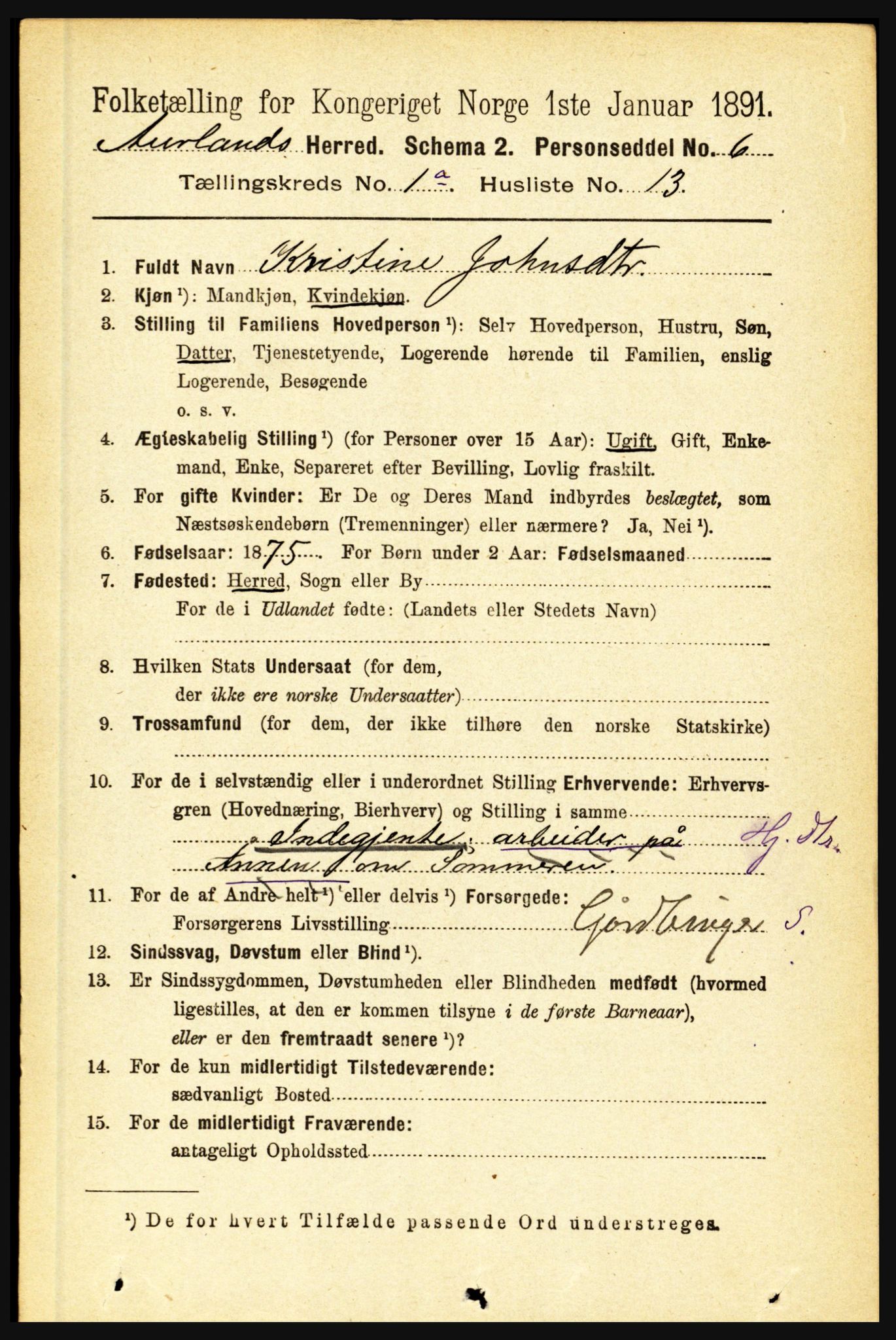 RA, 1891 census for 1421 Aurland, 1891, p. 103