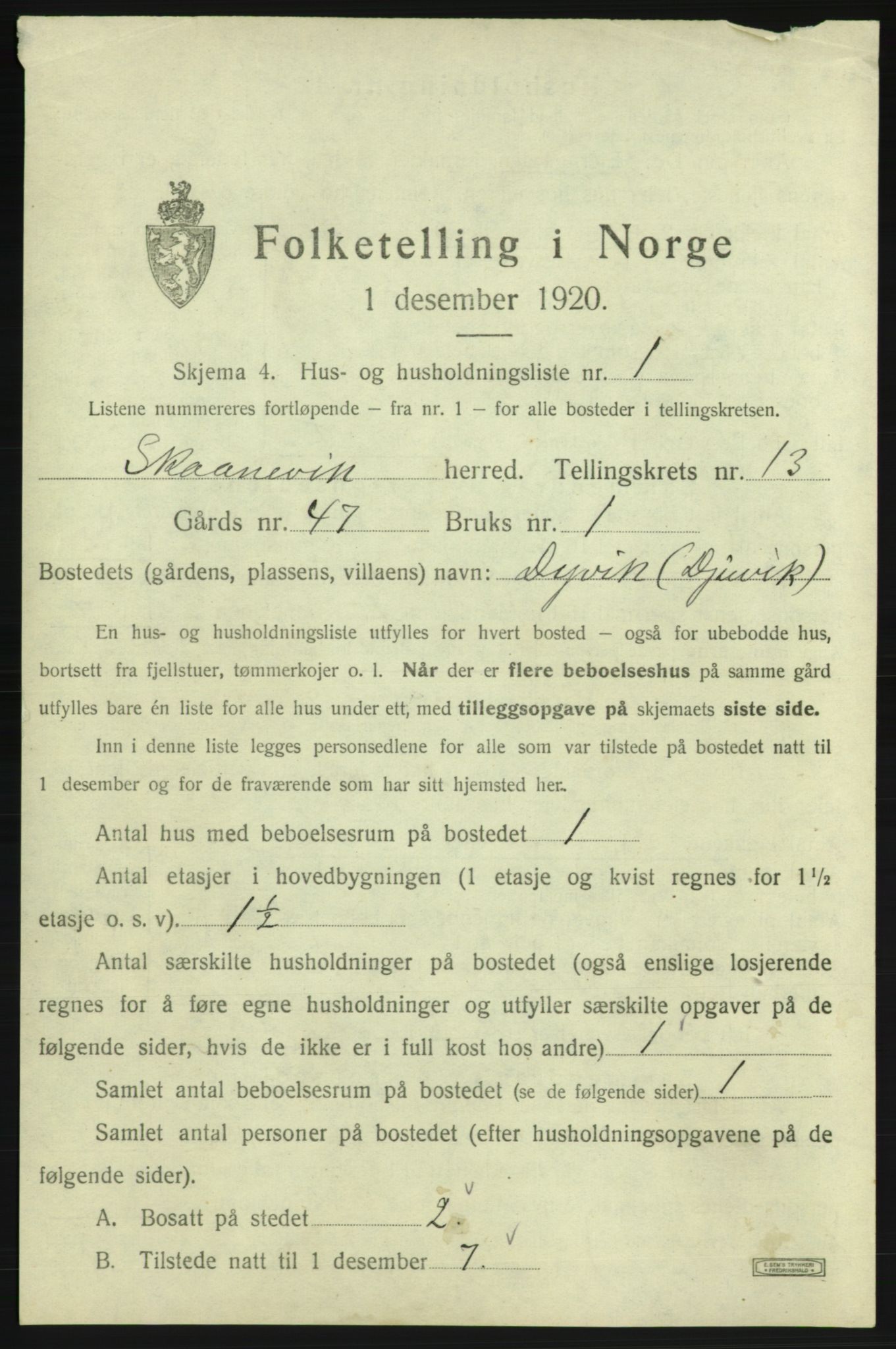 SAB, 1920 census for Skånevik, 1920, p. 1321