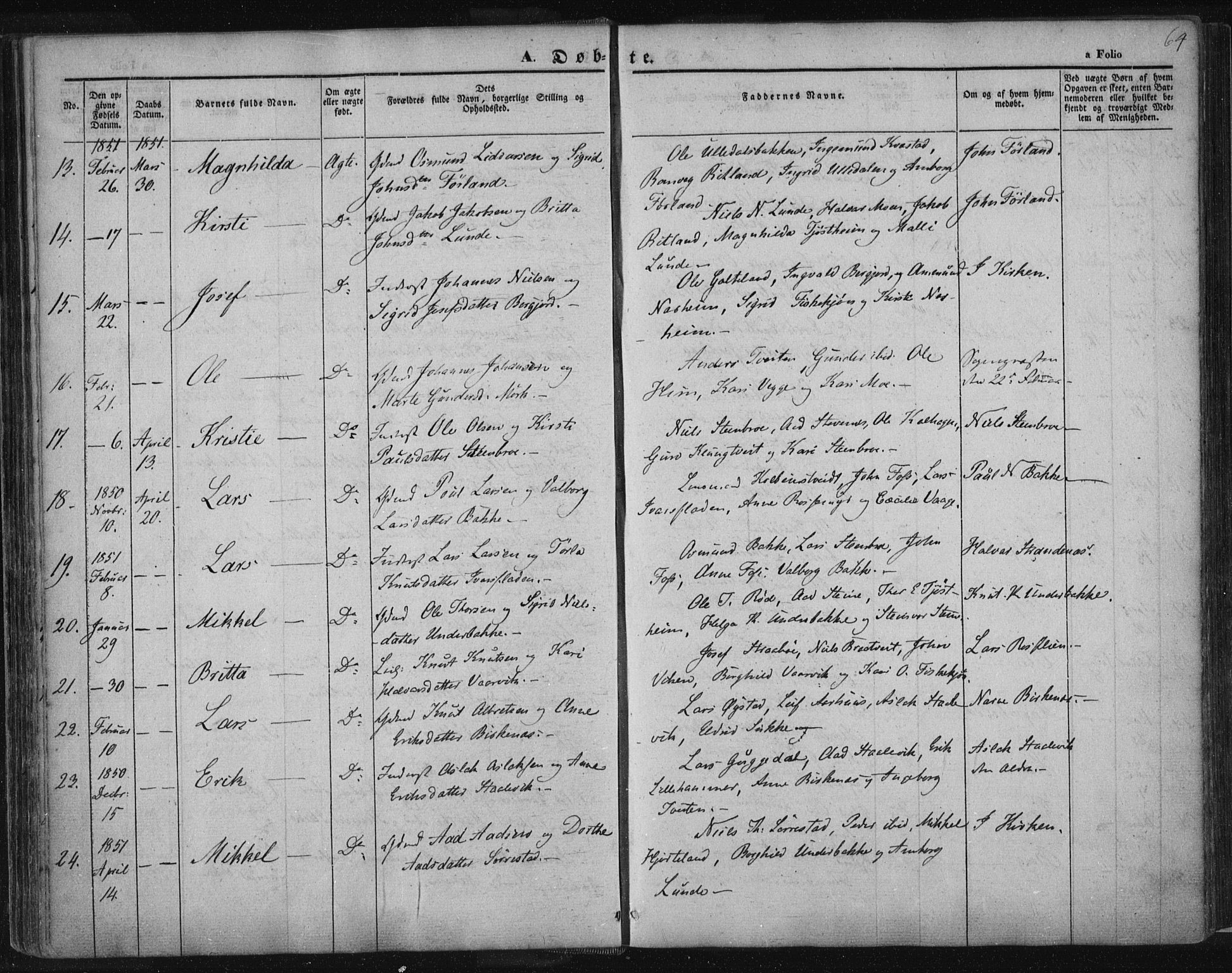 Suldal sokneprestkontor, SAST/A-101845/01/IV/L0008: Parish register (official) no. A 8, 1836-1853, p. 64