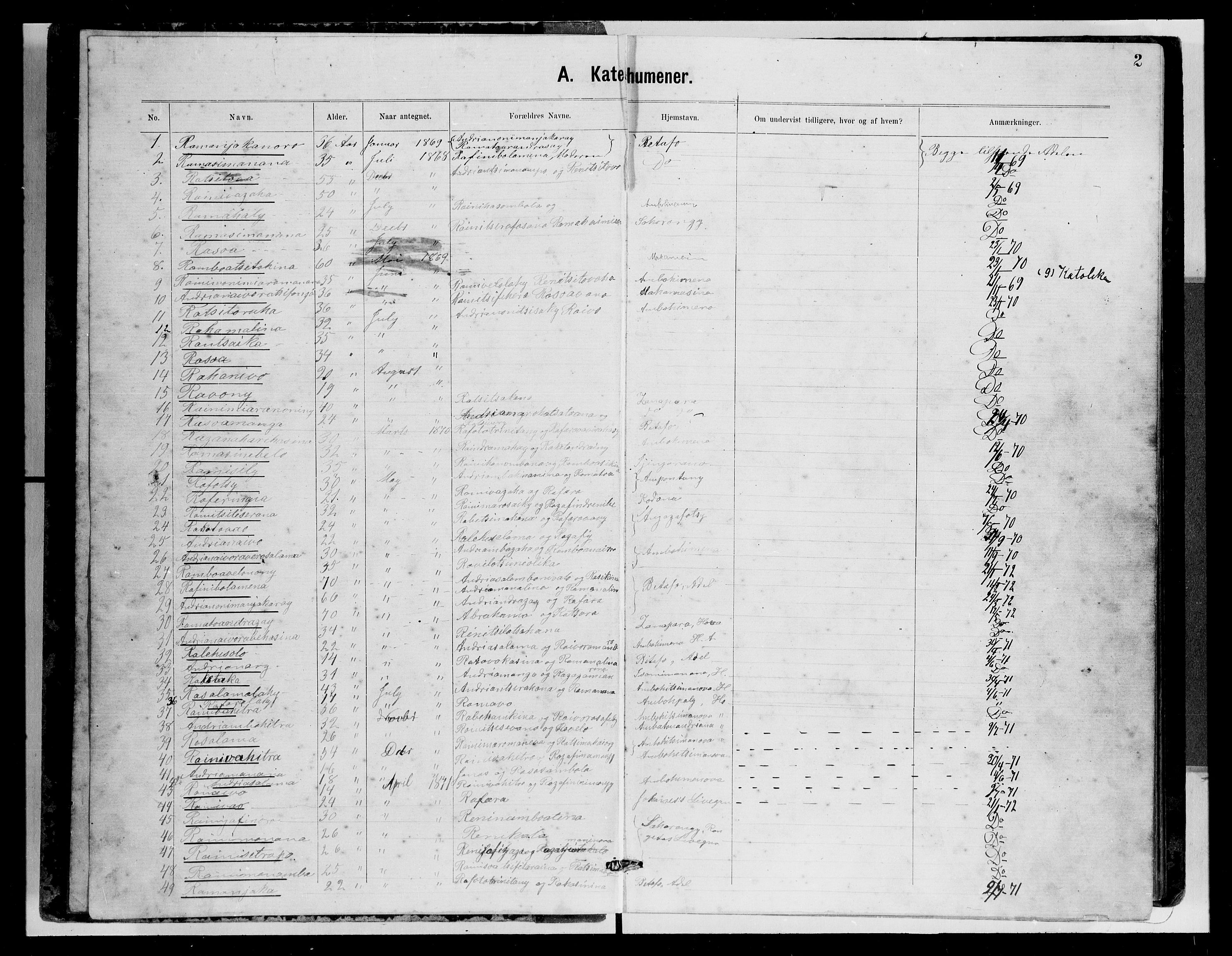 Archives FLM/NMS, Madagaskar, VID/MA-A-1163/D/Db/L0269: Parish register (official) no. 1, 1867-1884, p. 2