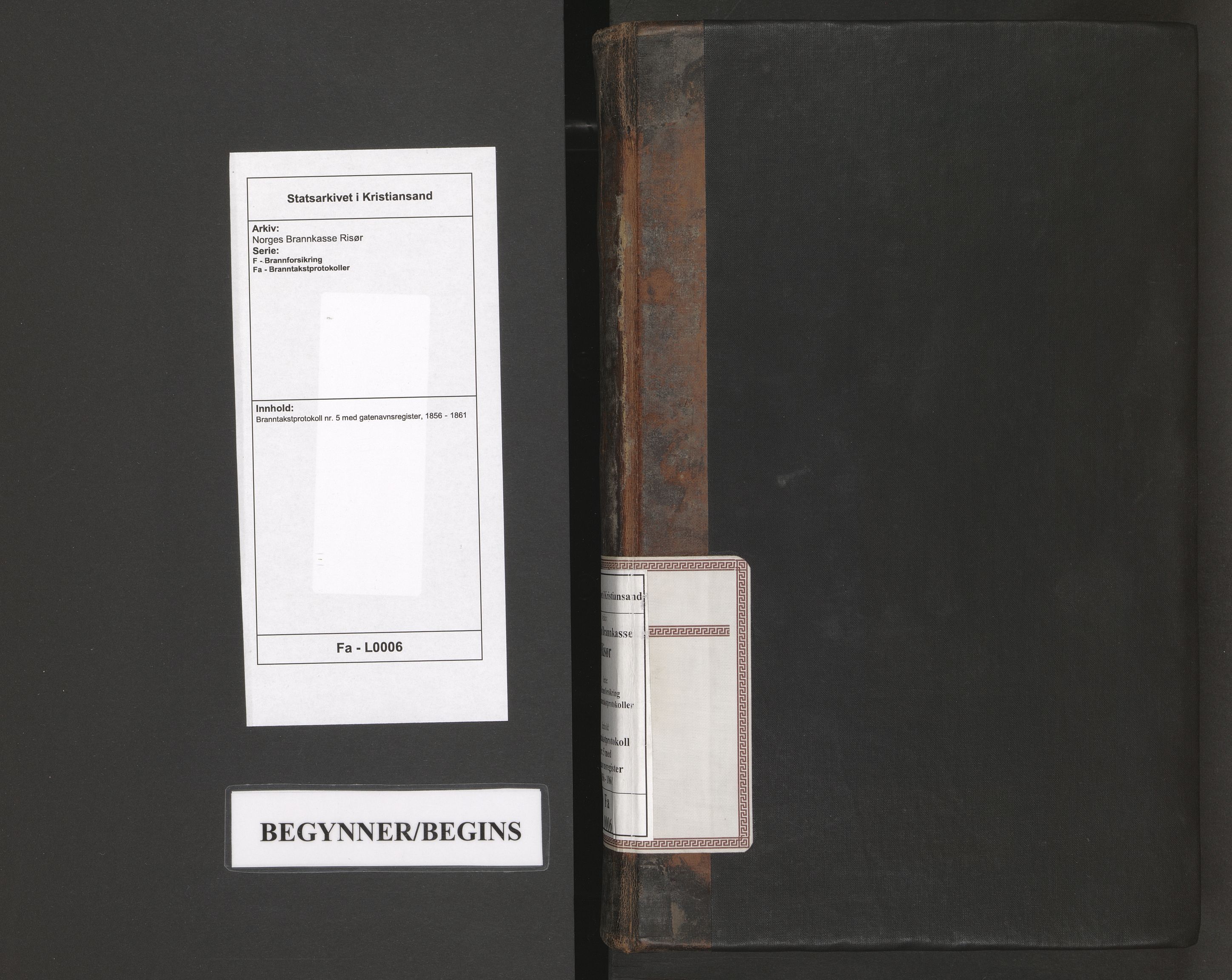 Norges Brannkasse Risør, SAK/2241-0043/F/Fa/L0006: Branntakstprotokoll nr. 5 med gatenavnsregister, 1856-1861