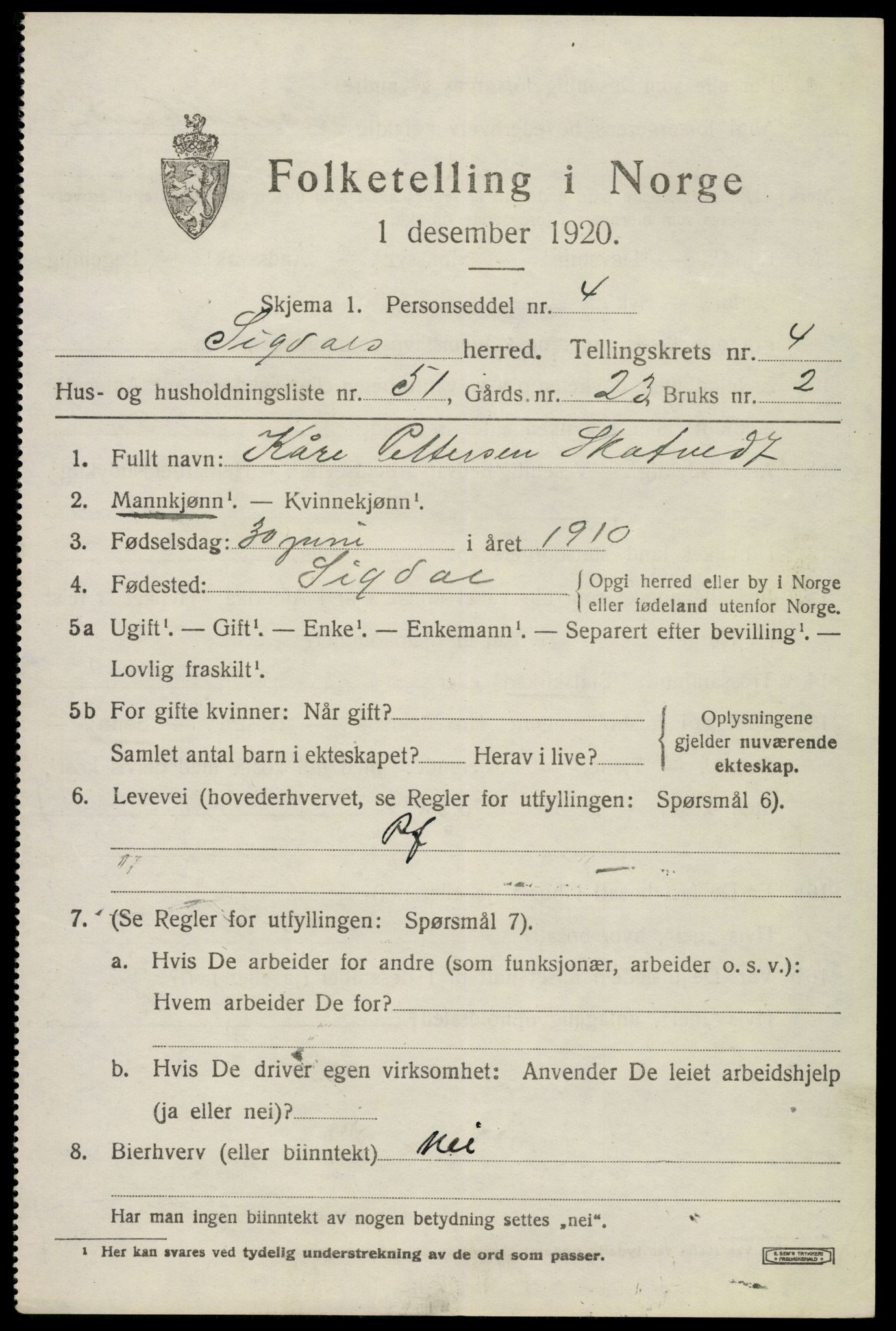 SAKO, 1920 census for Sigdal, 1920, p. 3766