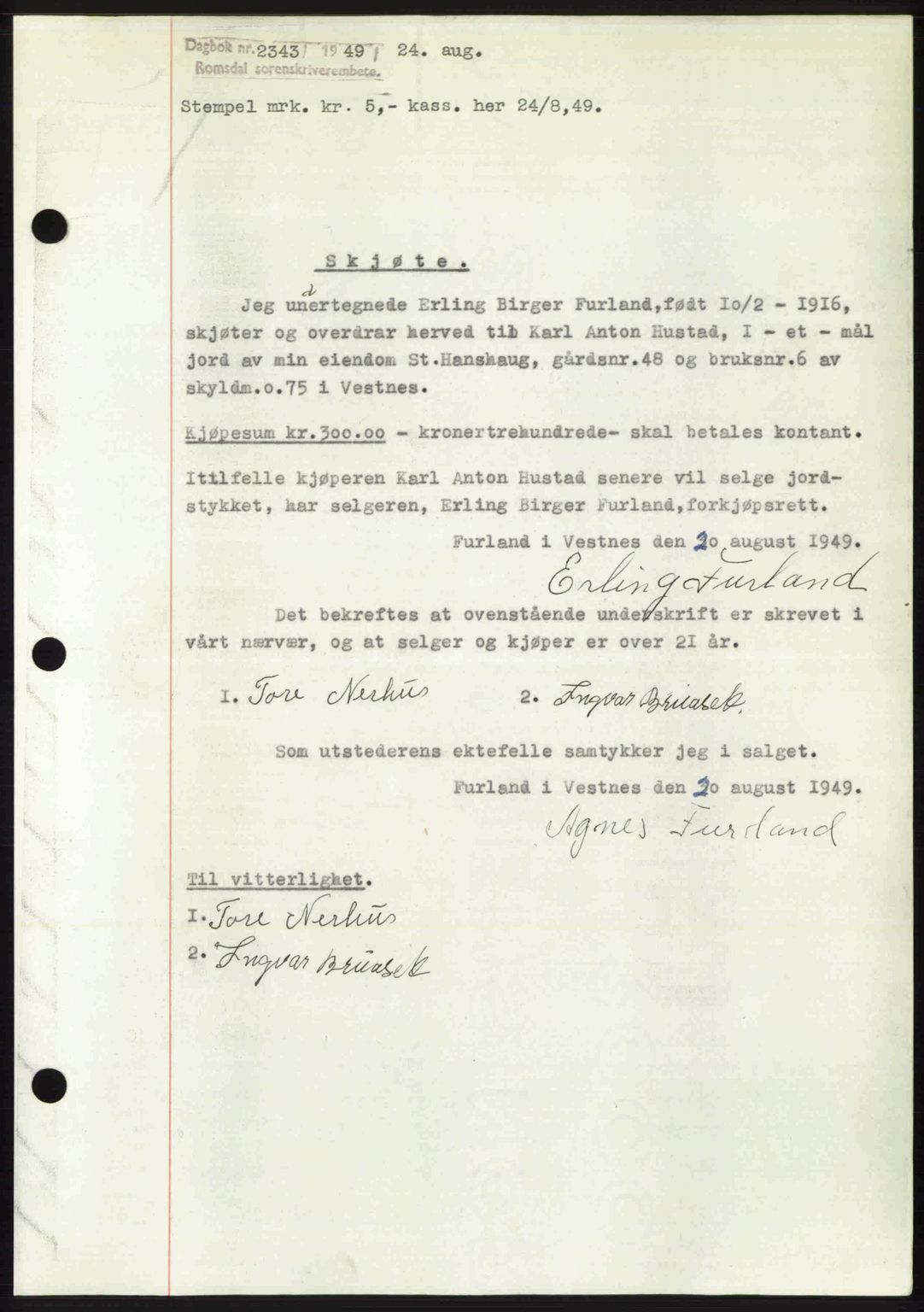 Romsdal sorenskriveri, AV/SAT-A-4149/1/2/2C: Mortgage book no. A30, 1949-1949, Diary no: : 2343/1949