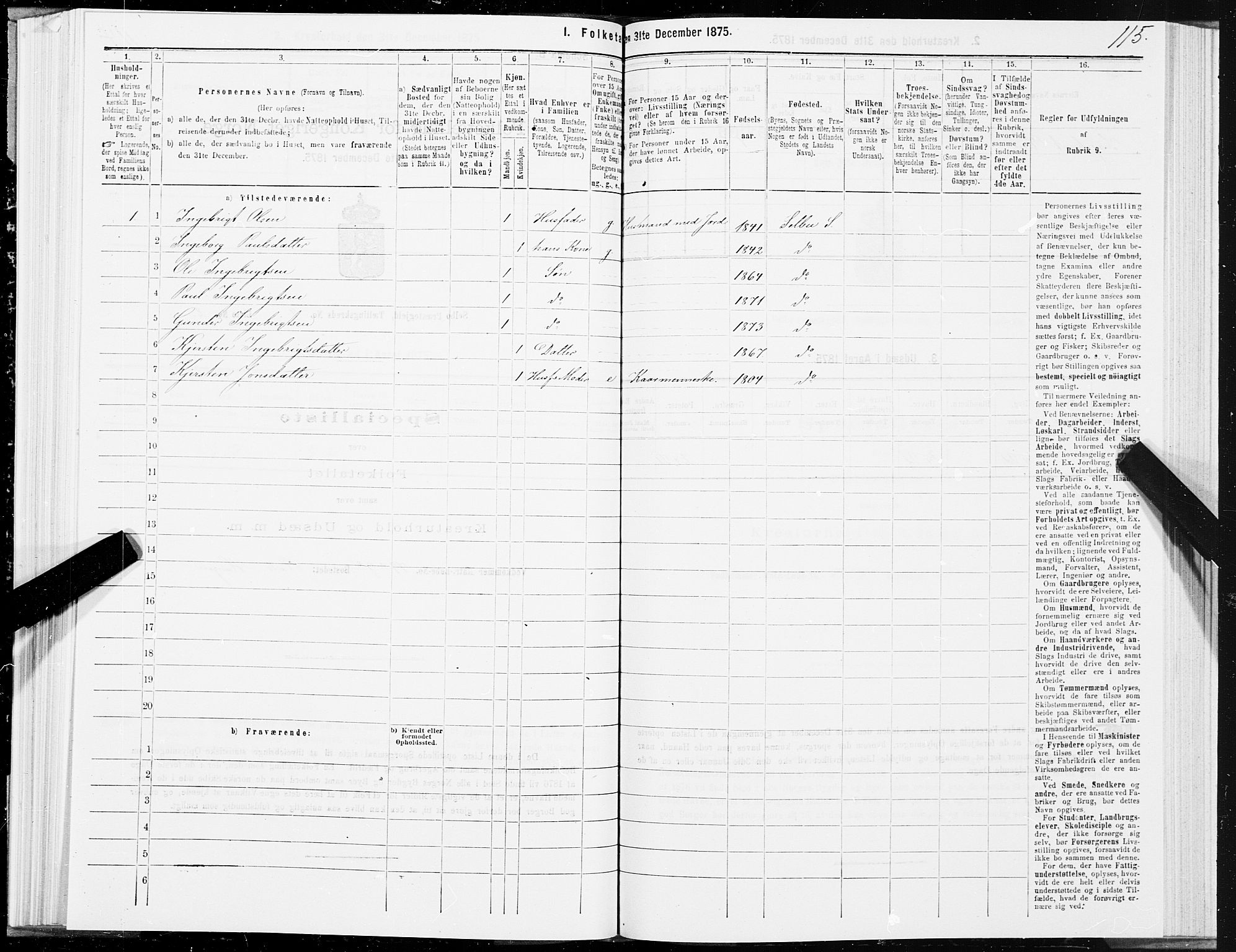 SAT, 1875 census for 1664P Selbu, 1875, p. 2115