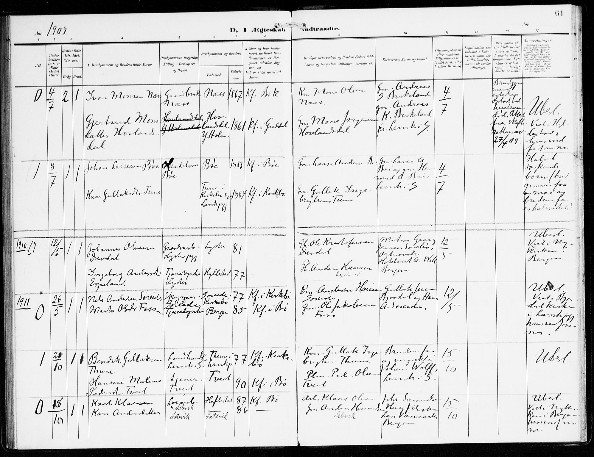 Hyllestad sokneprestembete, SAB/A-80401: Parish register (official) no. C 2, 1904-1917, p. 61